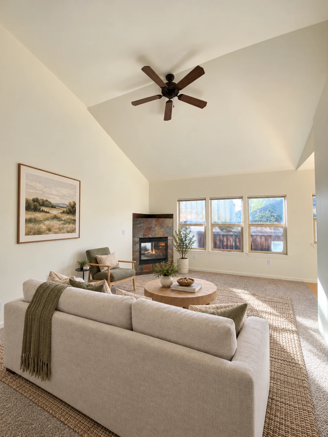 An empty carpeted room has a vaulted ceiling, a five-blade ceiling fan, a tiled fireplace, and several windows. (virtually staged)