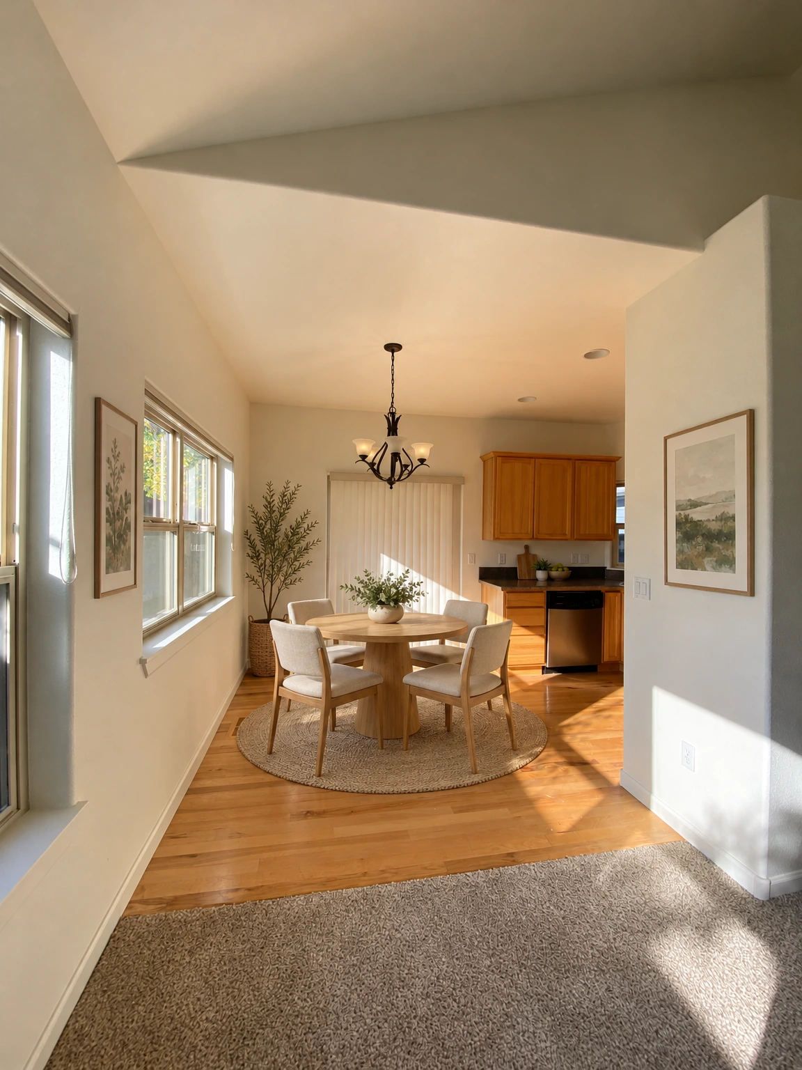 A sunlit room has large windows, wood flooring, a carpeted foreground, a hanging chandelier, and a kitchen with wood cabinets. (virtually staged)