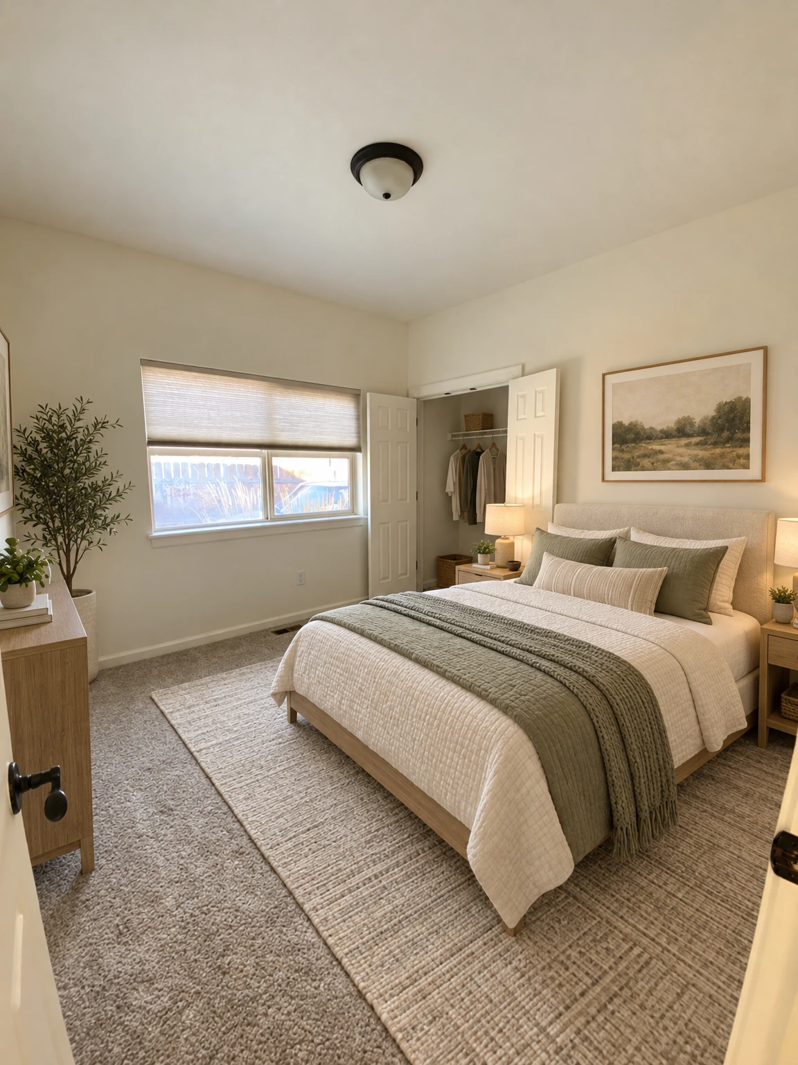 An empty room with gray carpet, a window with a lowered shade, and open closet doors. (virtually staged)