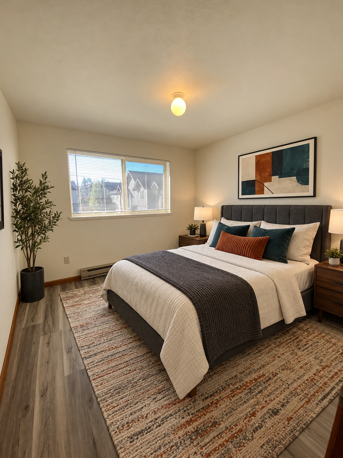 An empty room has gray plank flooring, a window with blinds, a wall heater, and a lit ceiling bulb. (virtually staged)
