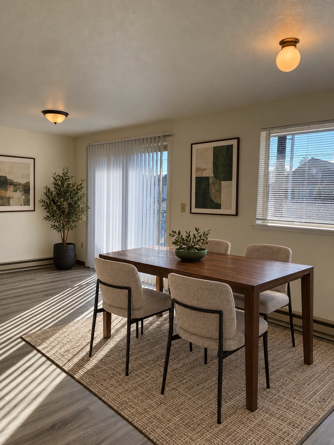 An empty room with gray wood-pattern flooring, two windows with blinds, and sunlight casting stripes across the floor. (virtually staged)