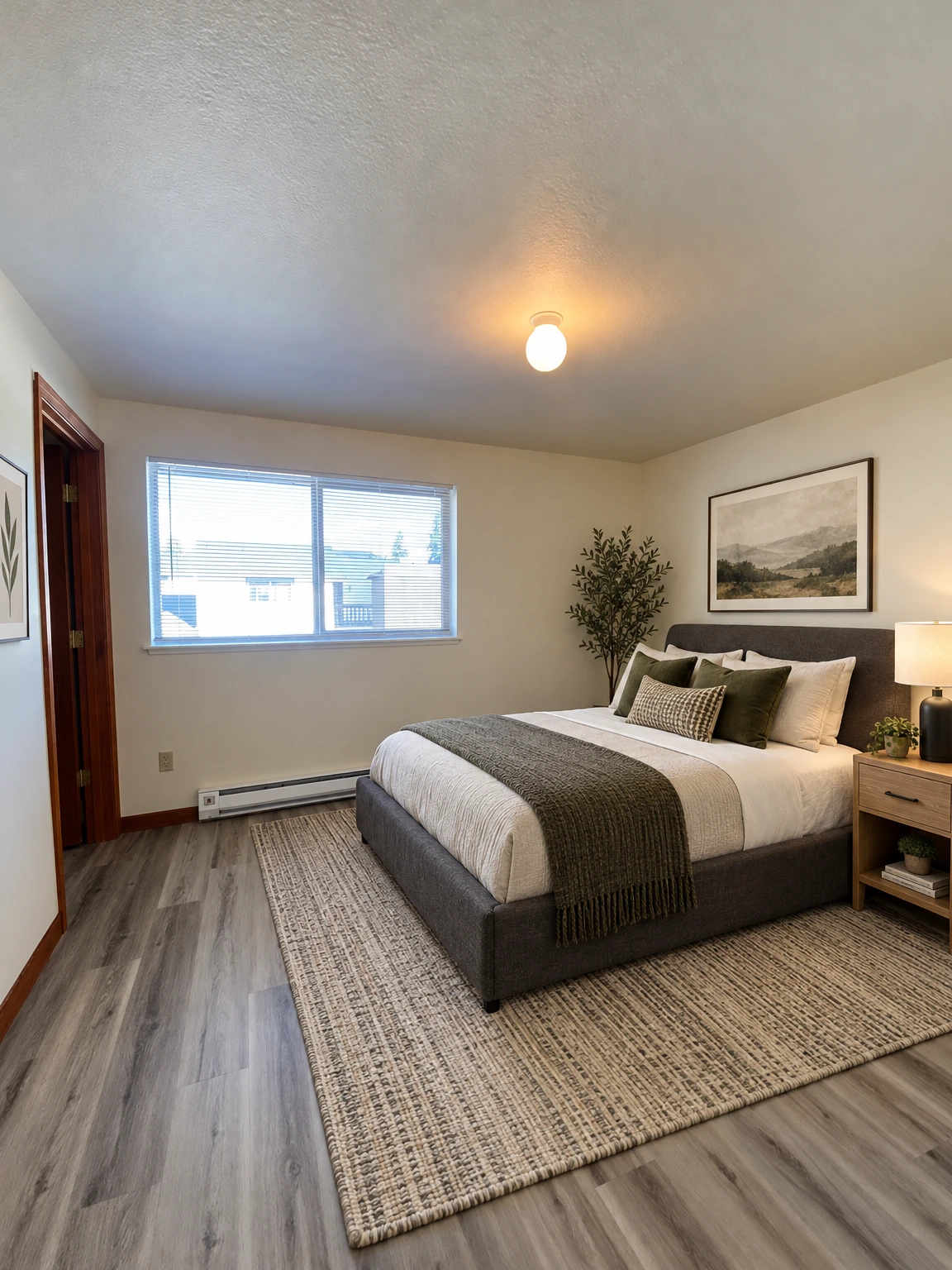 An empty room with gray plank flooring, cream walls, a lit ceiling bulb, a window with blinds, and a baseboard heater. (virtually staged)