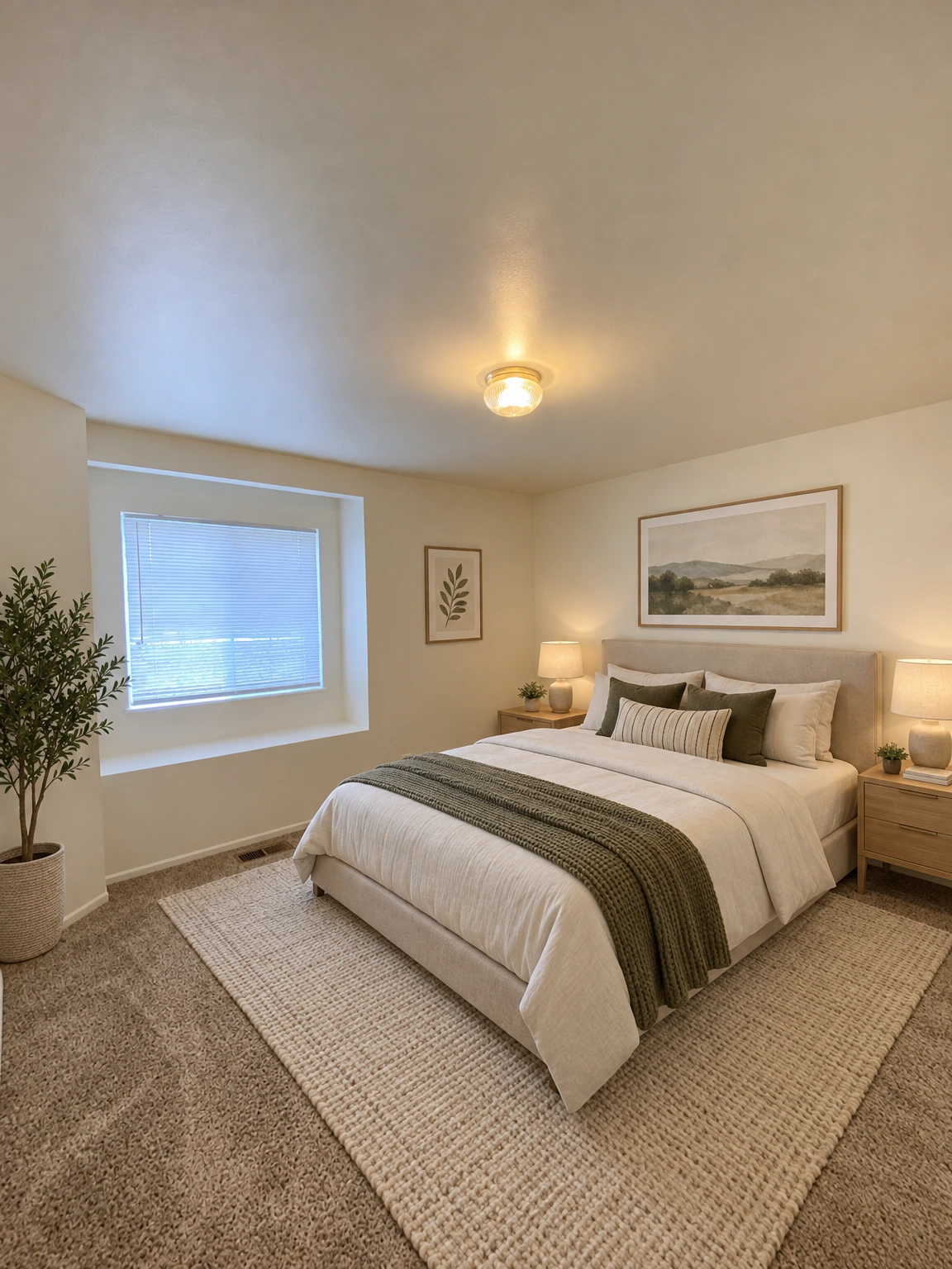 An empty room has beige carpet, pale walls, a lit ceiling fixture, and a window with closed blinds. (virtually staged)