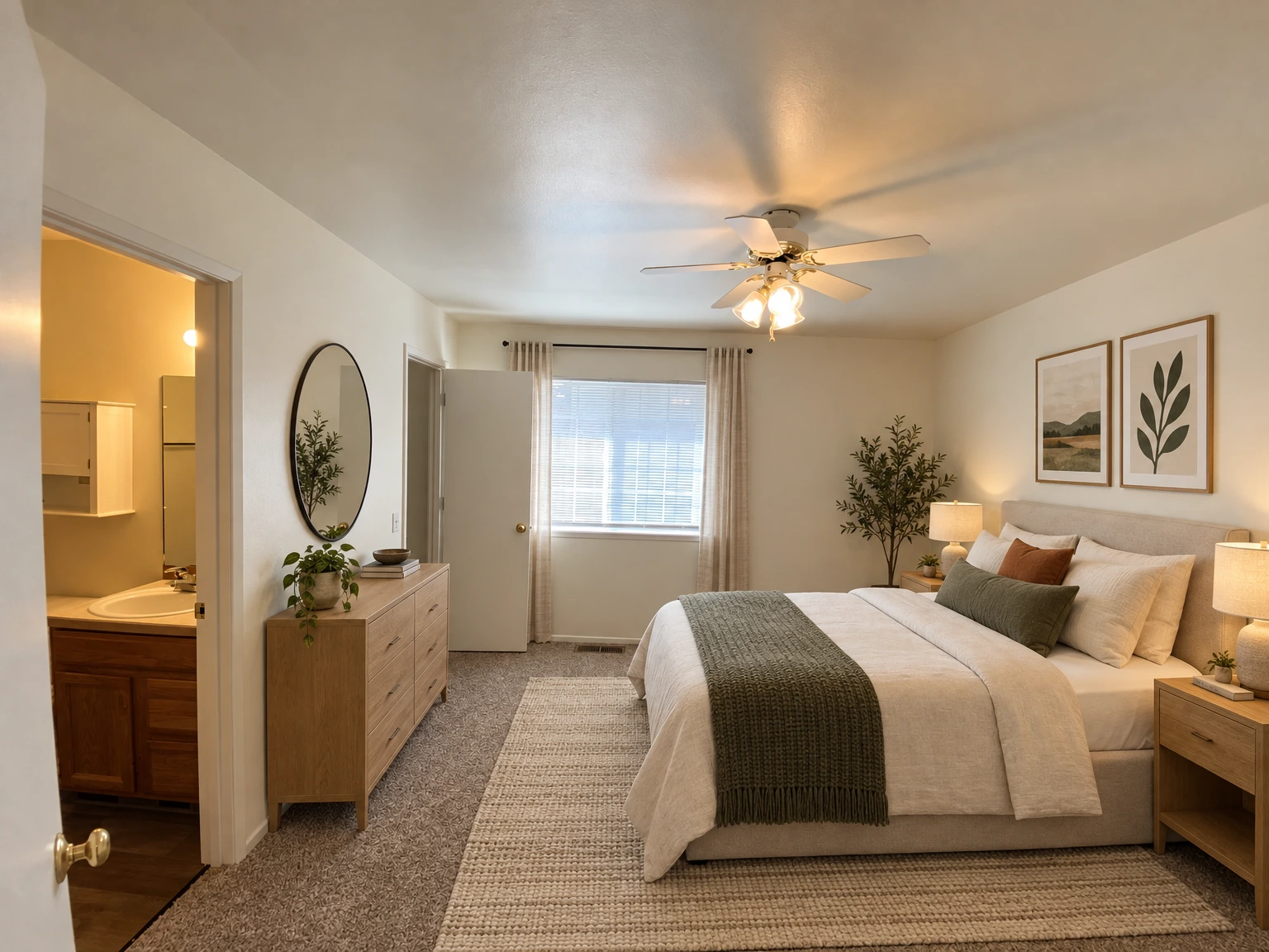 An empty carpeted room has a lit ceiling fan, a window with blinds, and open doors, including one to a bathroom vanity. (virtually staged)