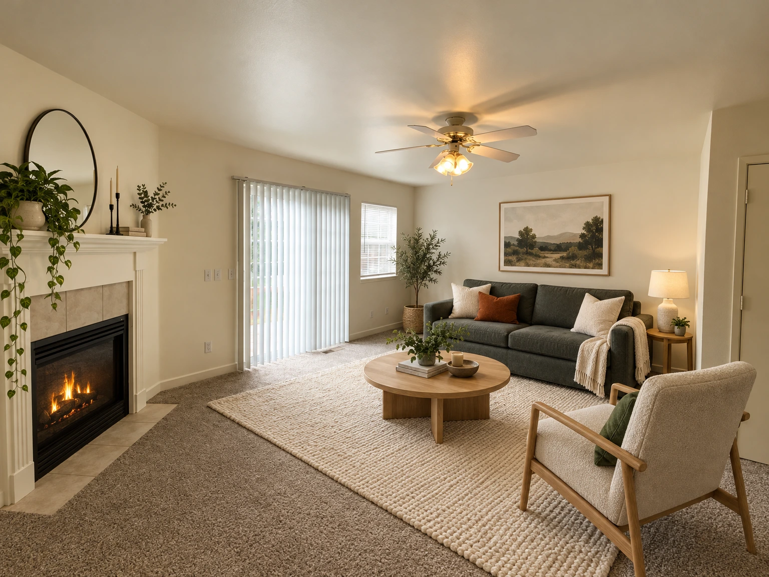 An empty carpeted room has a fireplace, a lit ceiling fan, sliding glass doors with vertical blinds, and a window with horizontal blinds. (virtually staged)