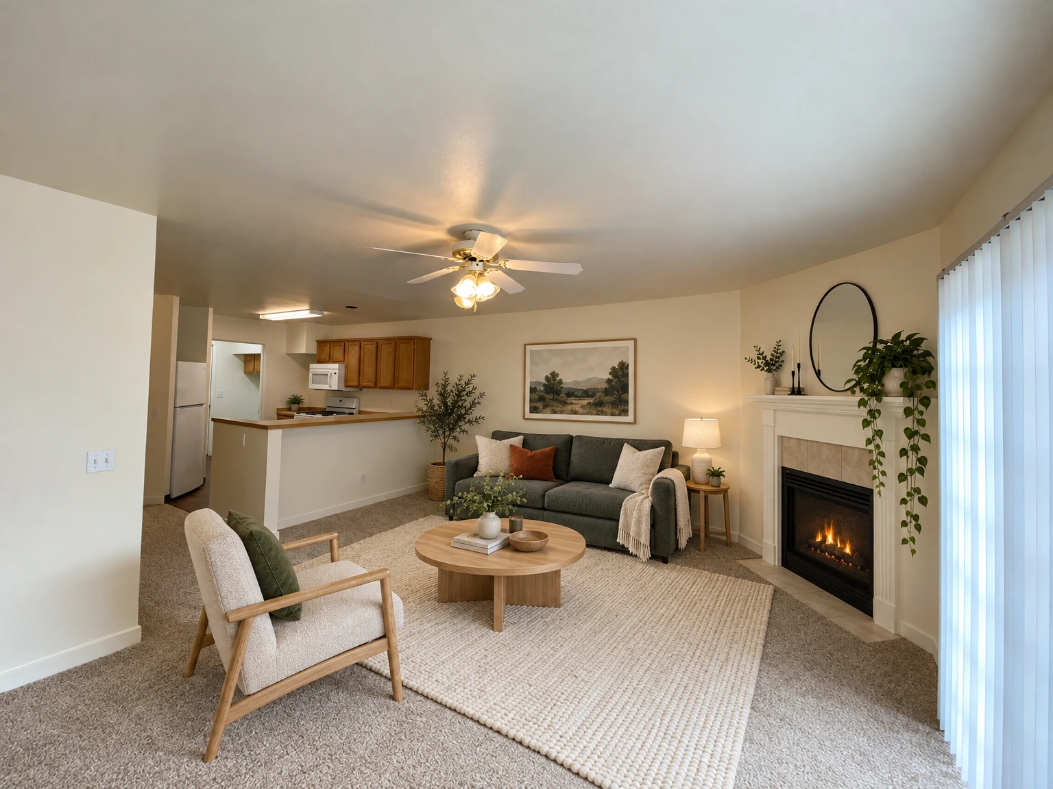 Carpeted living area with a ceiling fan, fireplace, vertical blinds, and an adjoining kitchen with a breakfast counter. (virtually staged)