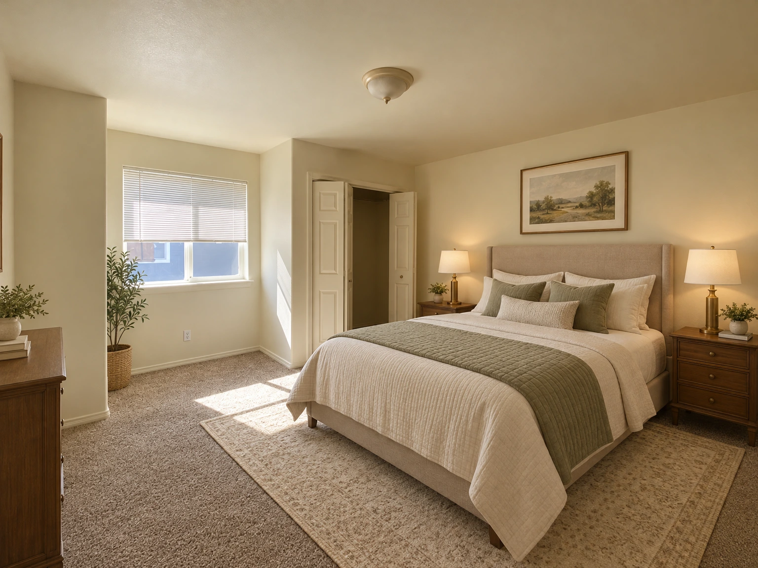An empty carpeted room has a window with blinds, open closet doors, and a ceiling light. (virtually staged)