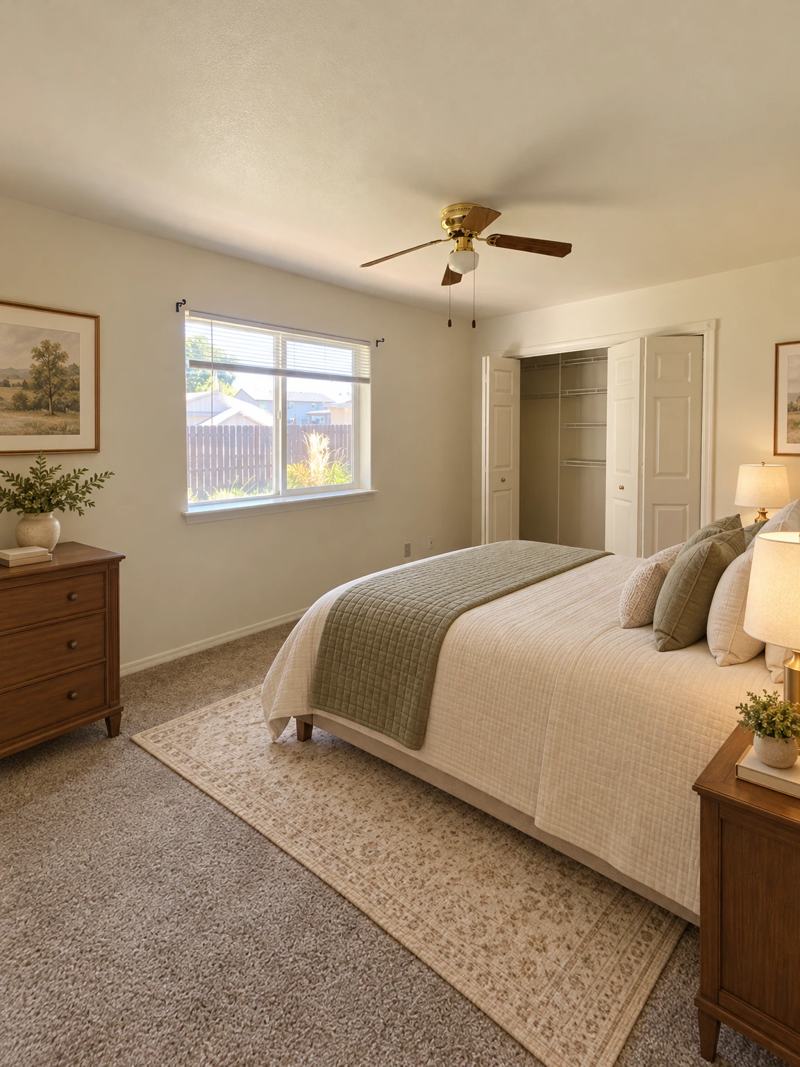 An empty carpeted room has a window with blinds, a ceiling fan, and open closet doors. (virtually staged)