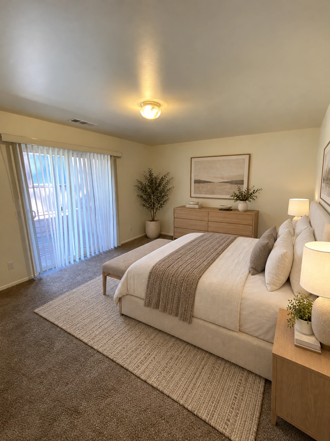 An empty room with brown carpet, light walls, vertical blinds over a glass door, and a lit ceiling fixture. (virtually staged)