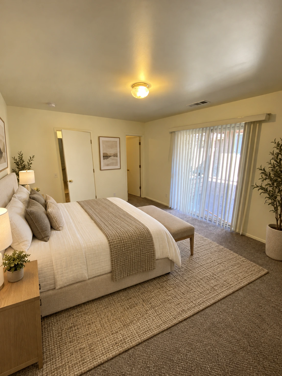 An empty carpeted room has two doors, a ceiling light, and a large window covered by vertical blinds. (virtually staged)
