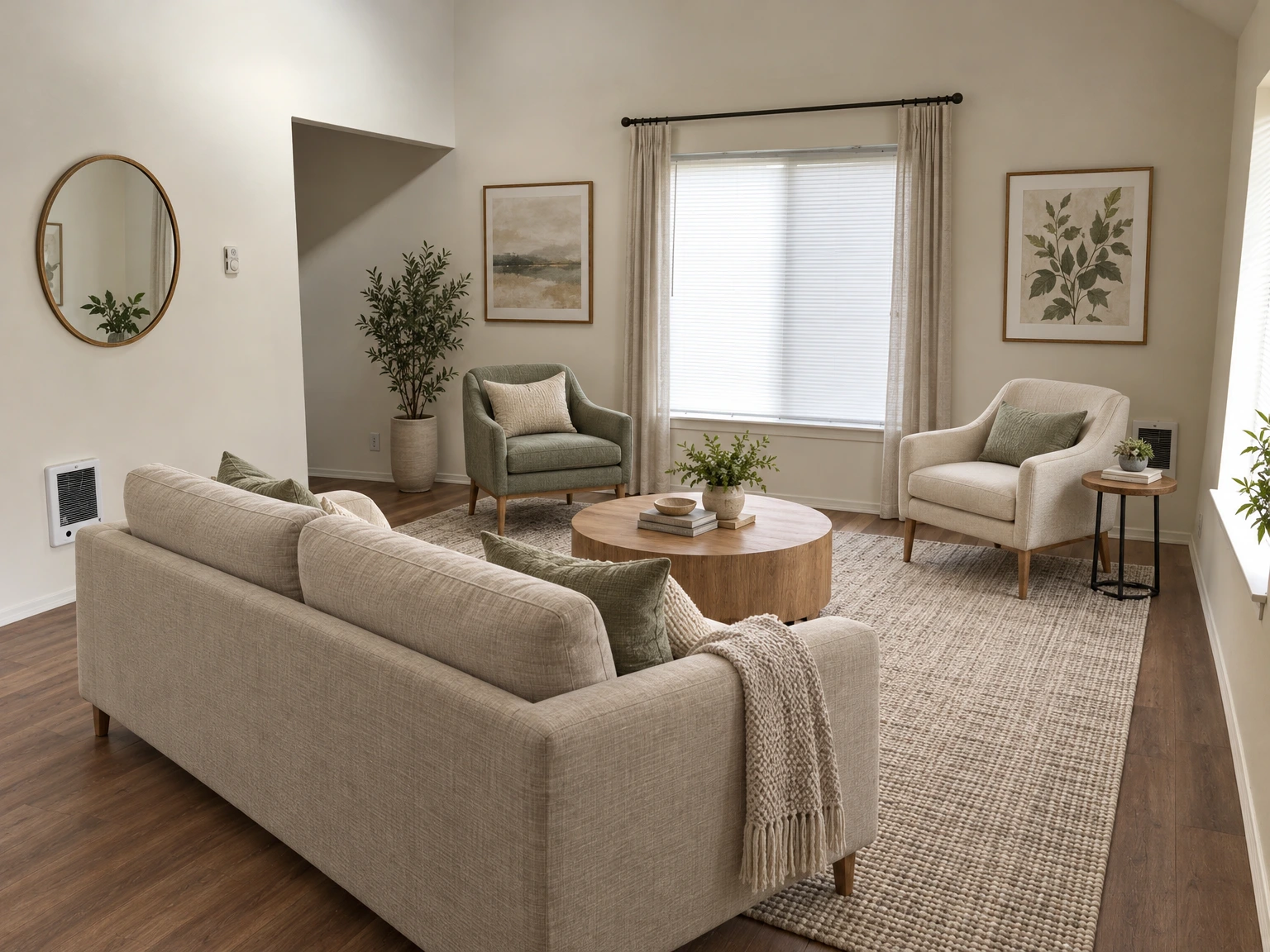 An empty room with brown plank flooring, light walls, and a window covered by horizontal blinds. (virtually staged)