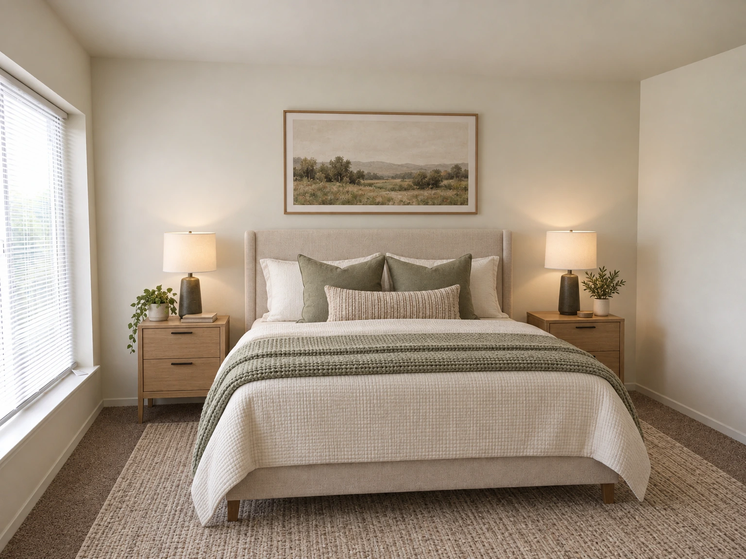 An empty room has beige walls, brown carpet, white baseboards, and a window with blinds. (virtually staged)