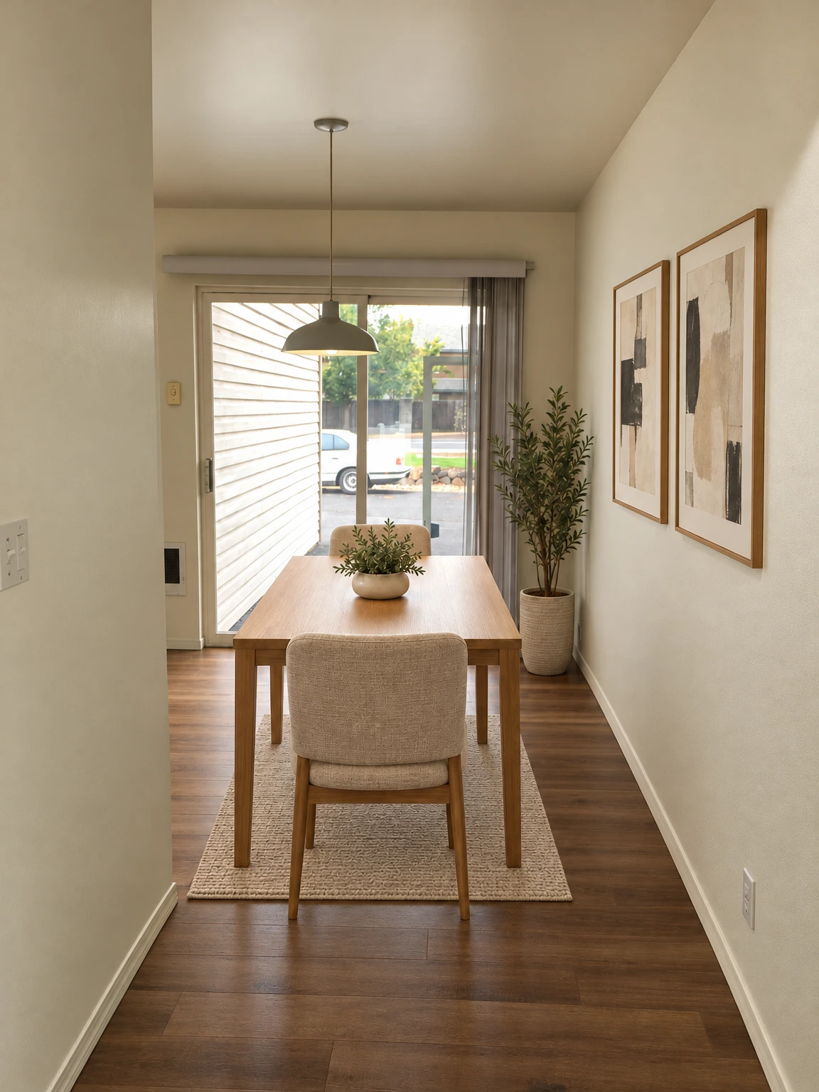 A narrow, empty room with dark plank flooring, pale walls, a hanging lamp, and a sliding glass door with vertical blinds. (virtually staged)
