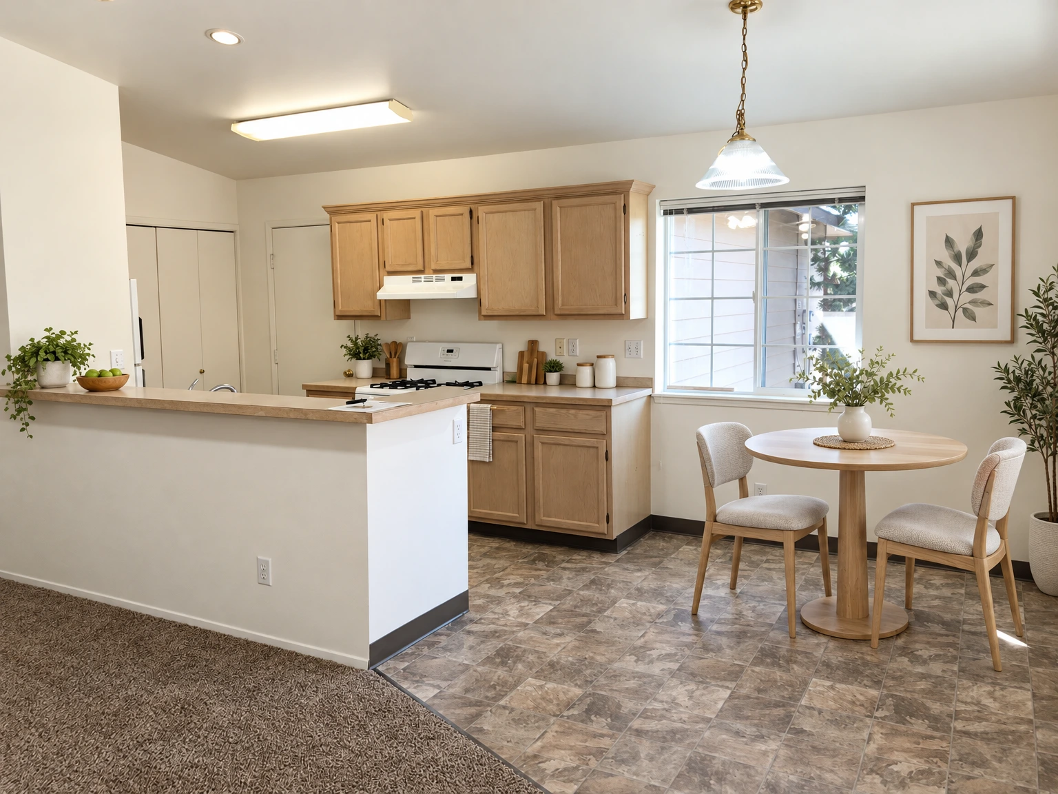 A kitchen with brown cabinets, a white stove, a counter, a large window, and patterned tile flooring beside carpet. (virtually staged)