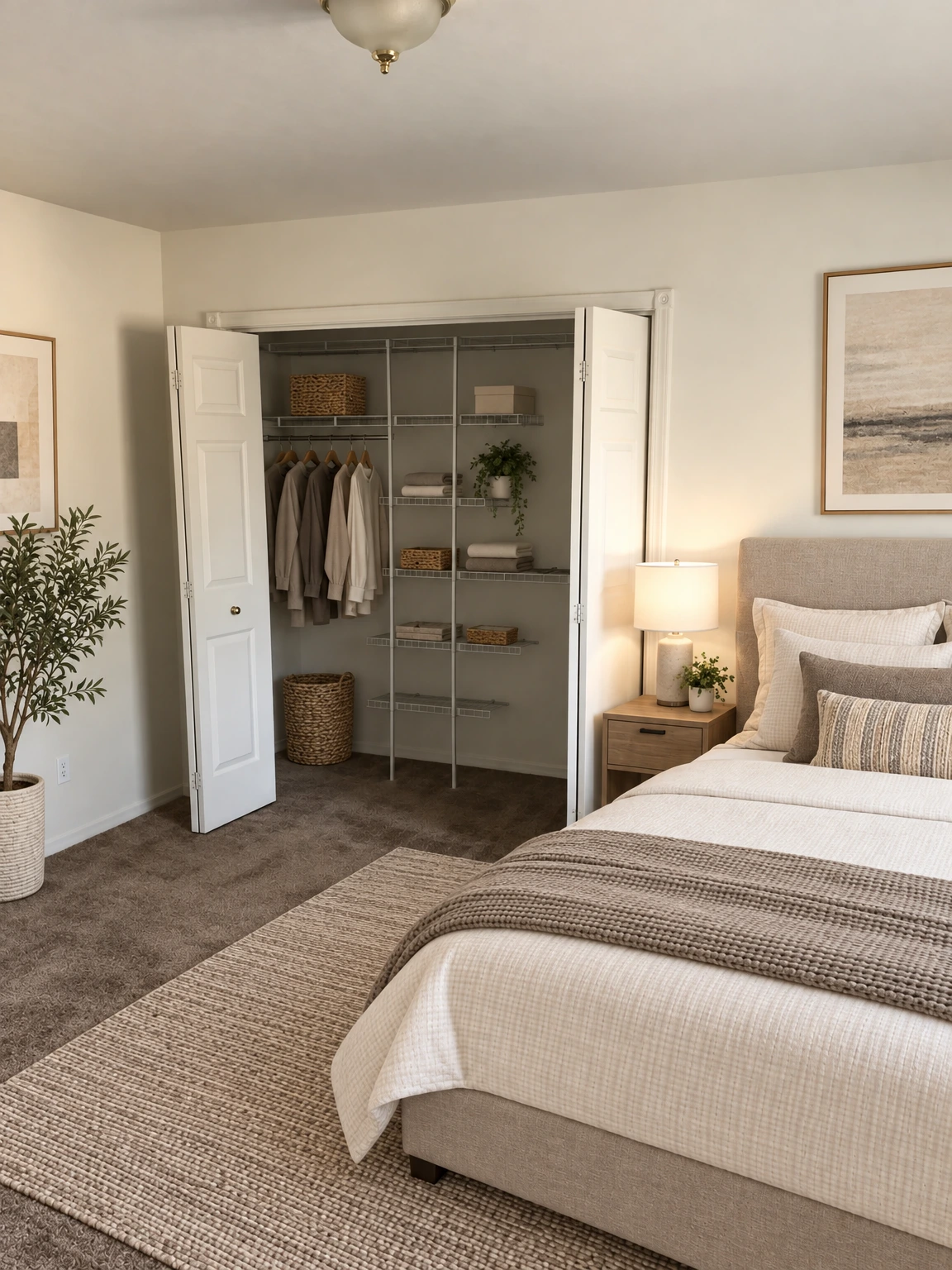 An empty carpeted room has an open closet with white doors, wire shelves and hanging rods, and a ceiling light. (virtually staged)