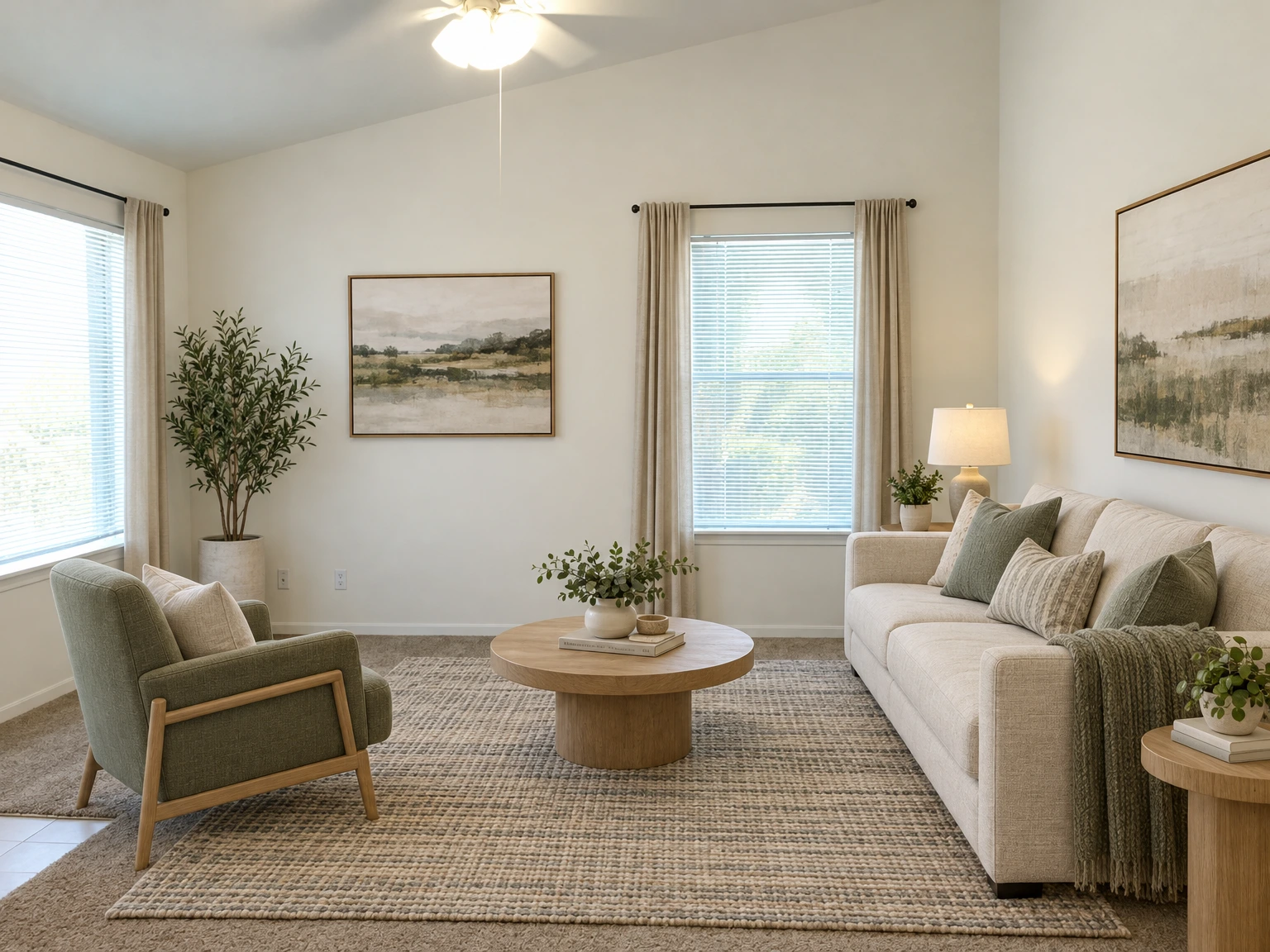 An empty carpeted room has two windows with blinds and a ceiling fan with a light. (virtually staged)
