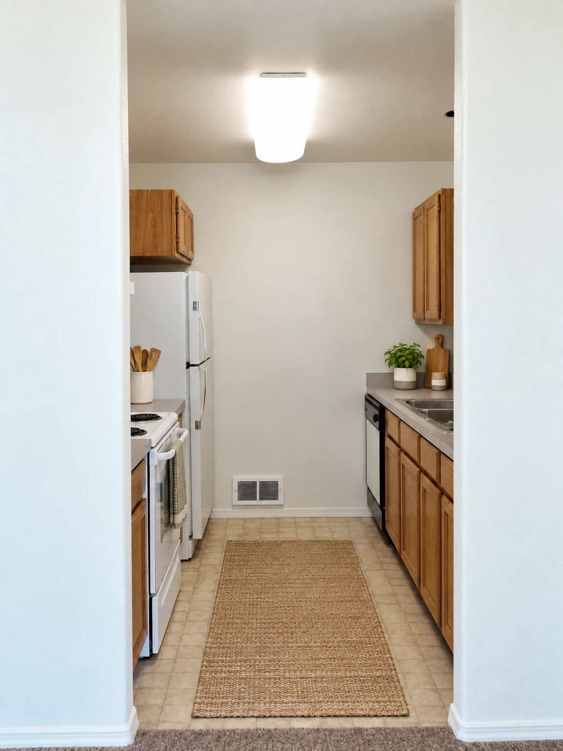 A narrow kitchen with wood cabinets, a refrigerator and stove on the left, and a sink and counter on the right. (virtually staged)
