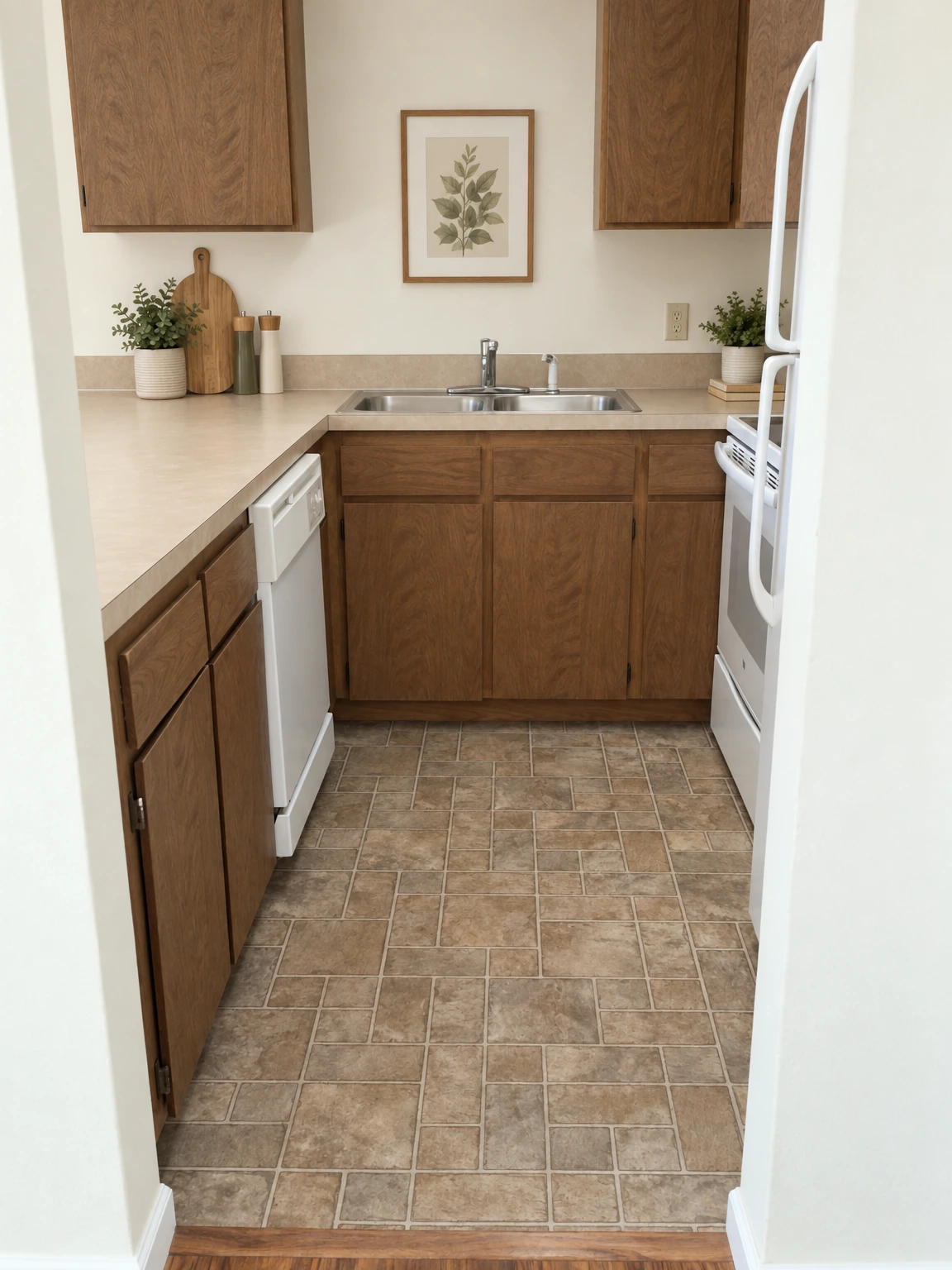 A compact kitchen with wood cabinets, a double sink, white appliances, and gray patterned floor tiles. (virtually staged)