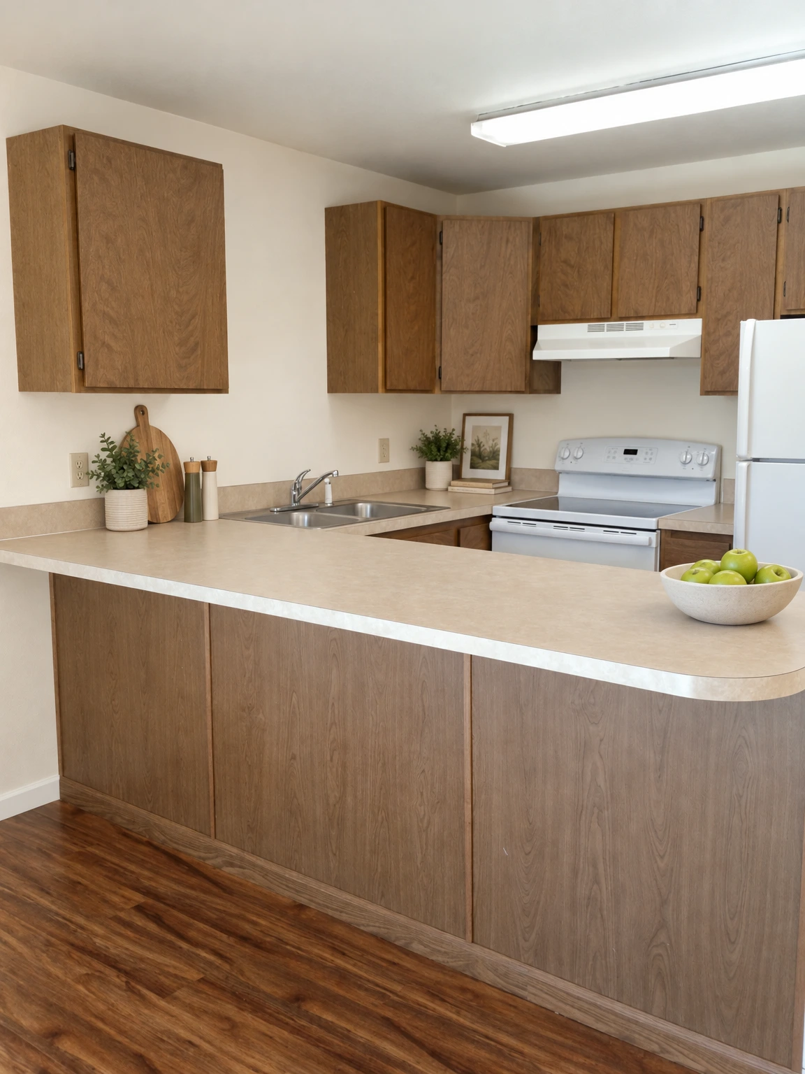 A kitchen with wood cabinets, a sink, white stove and refrigerator, and a wide counter in the foreground. (virtually staged)