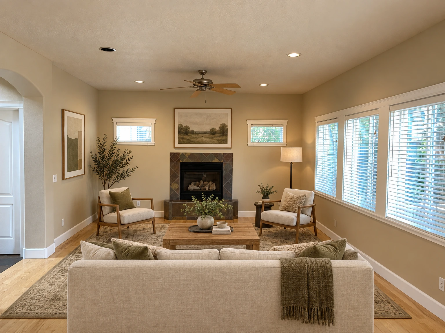 An empty room has a wood floor, a tiled fireplace, a ceiling fan, and windows with blinds. (virtually staged)