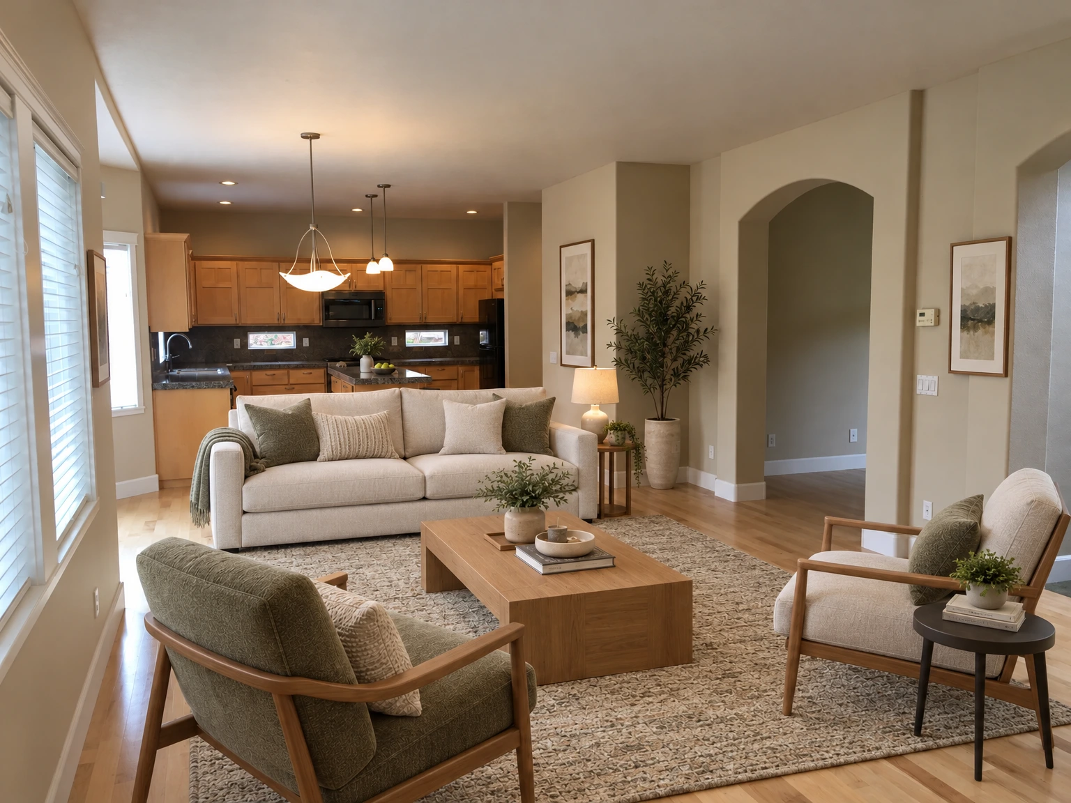 An empty open room with light wood floors, a kitchen with wood cabinets and an island, and an arched doorway. (virtually staged)