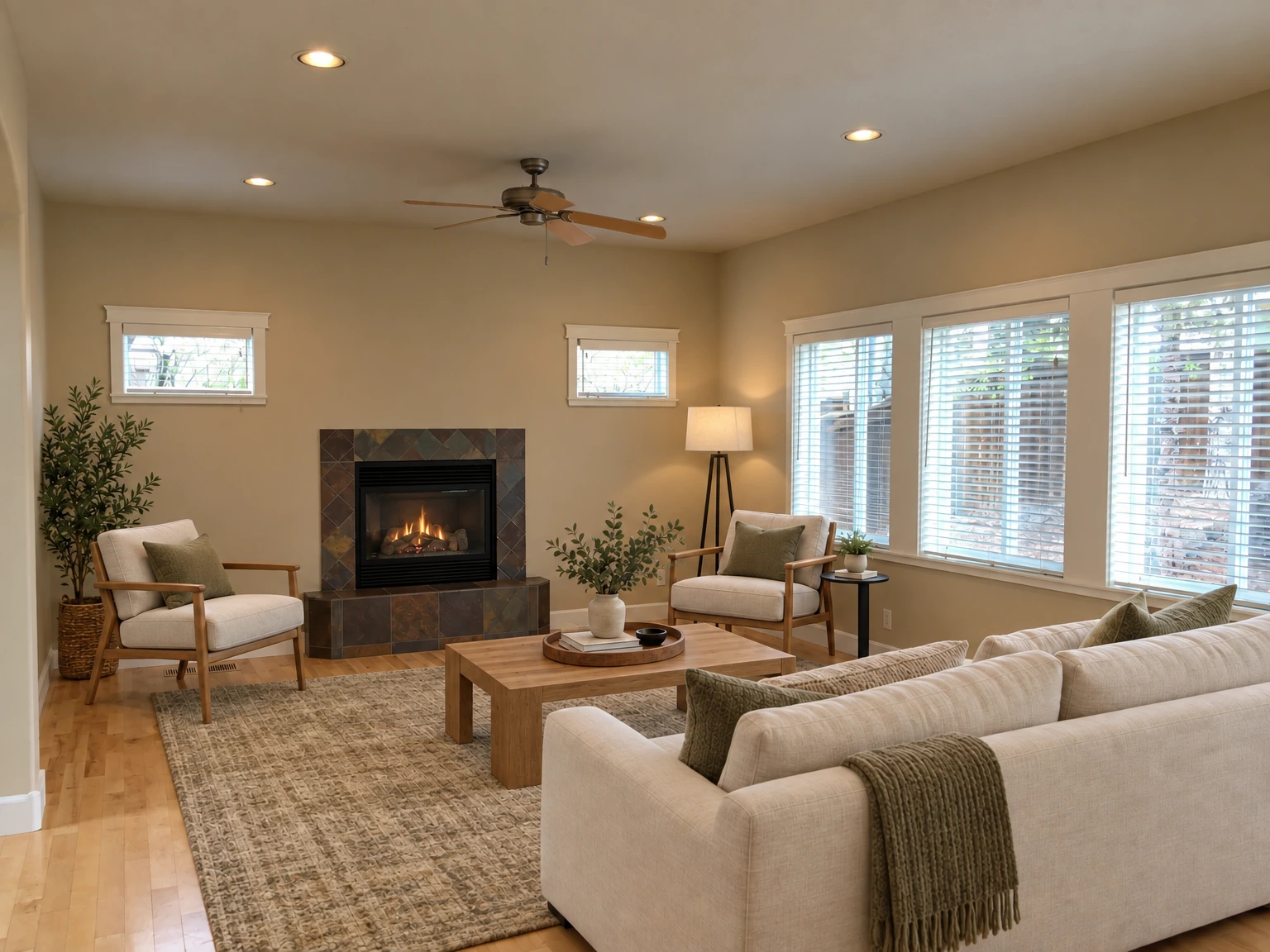 An empty room has a tiled fireplace, hardwood floor, ceiling fan, recessed lights, and several windows with blinds. (virtually staged)