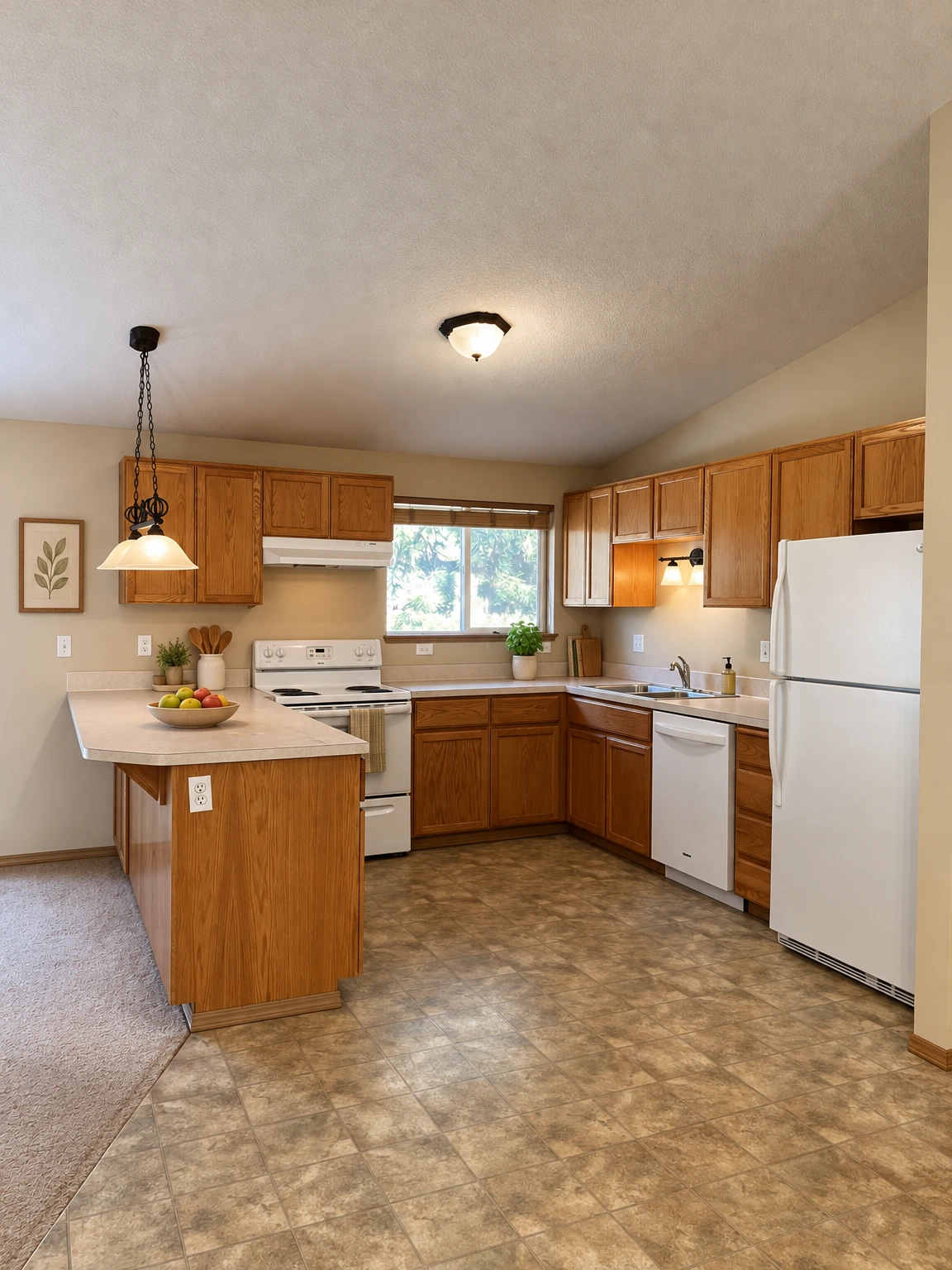 A kitchen with wood cabinets, a central counter, white appliances, a sink, and a window above the counter. (virtually staged)