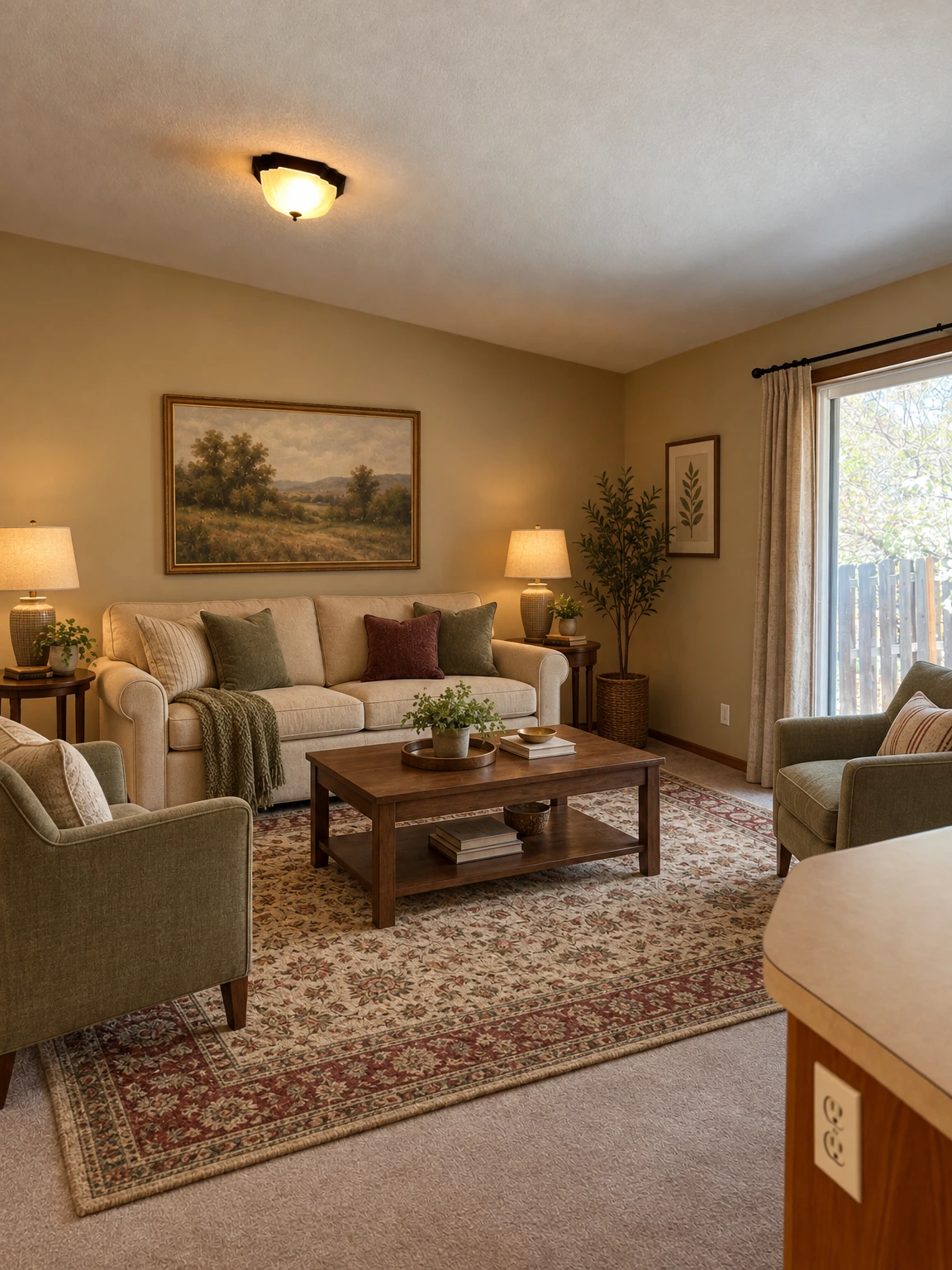 An empty room with tan walls, carpet, a lit ceiling fixture, and a sliding glass door. (virtually staged)