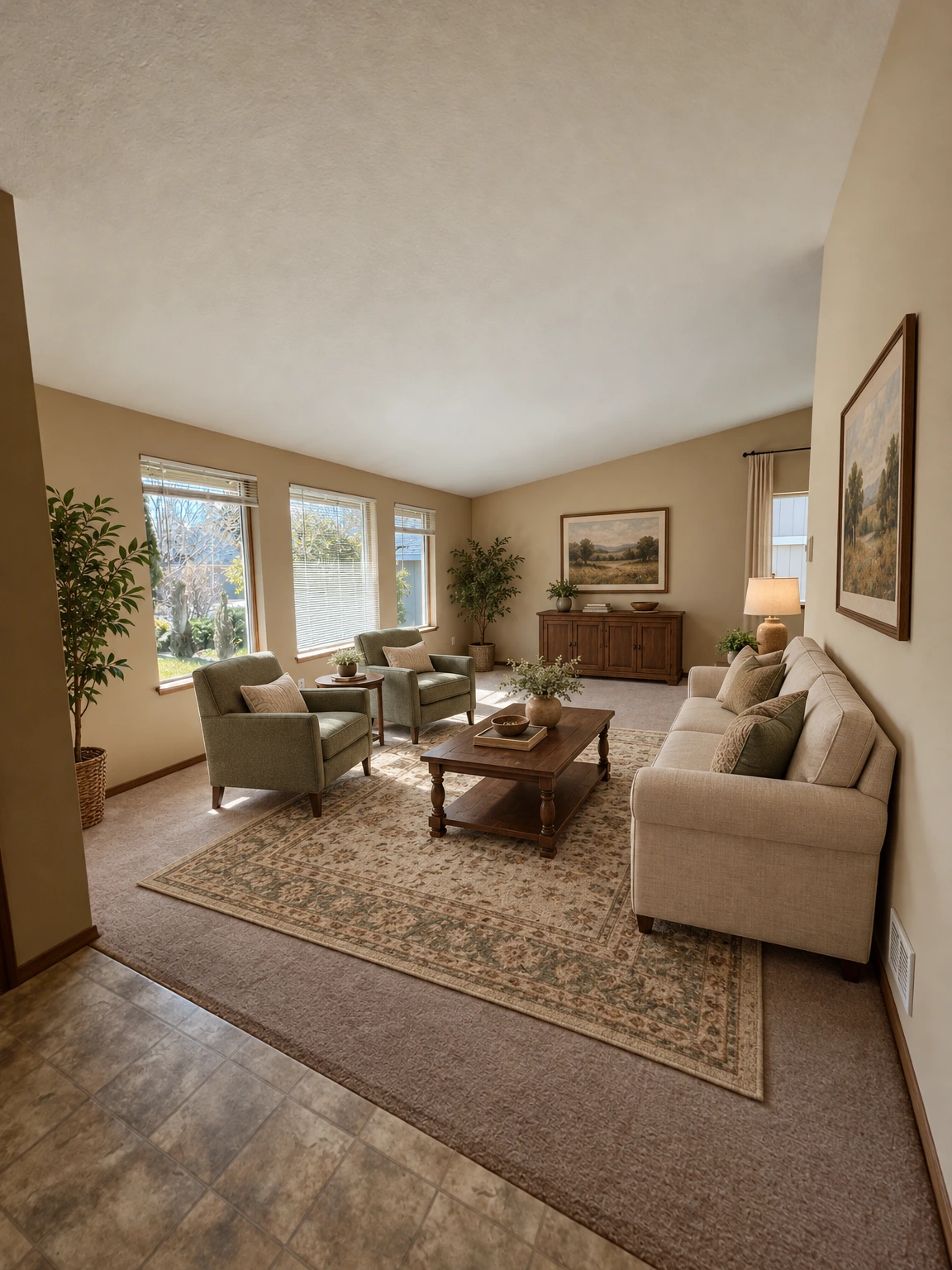 An empty room has brown carpet, beige walls, several windows with blinds, and patches of sunlight on the floor. (virtually staged)