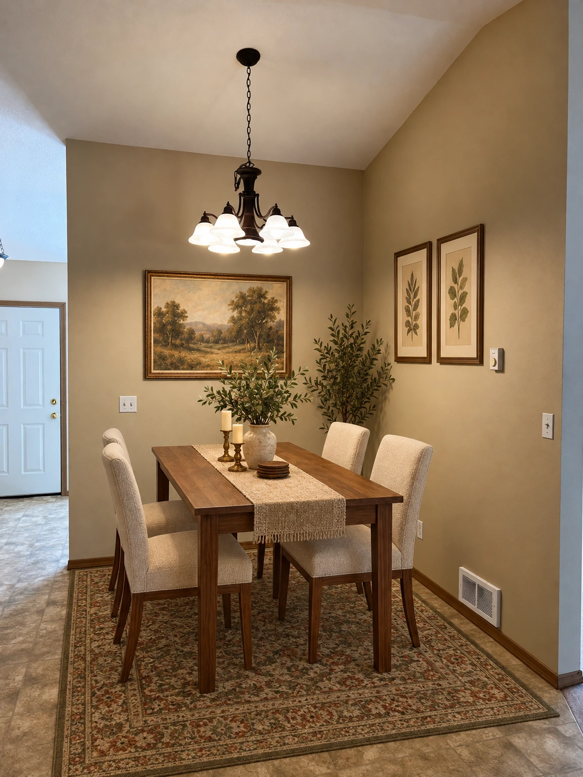 An empty tiled room with beige walls, a hanging chandelier, a door at left, and a wall vent. (virtually staged)