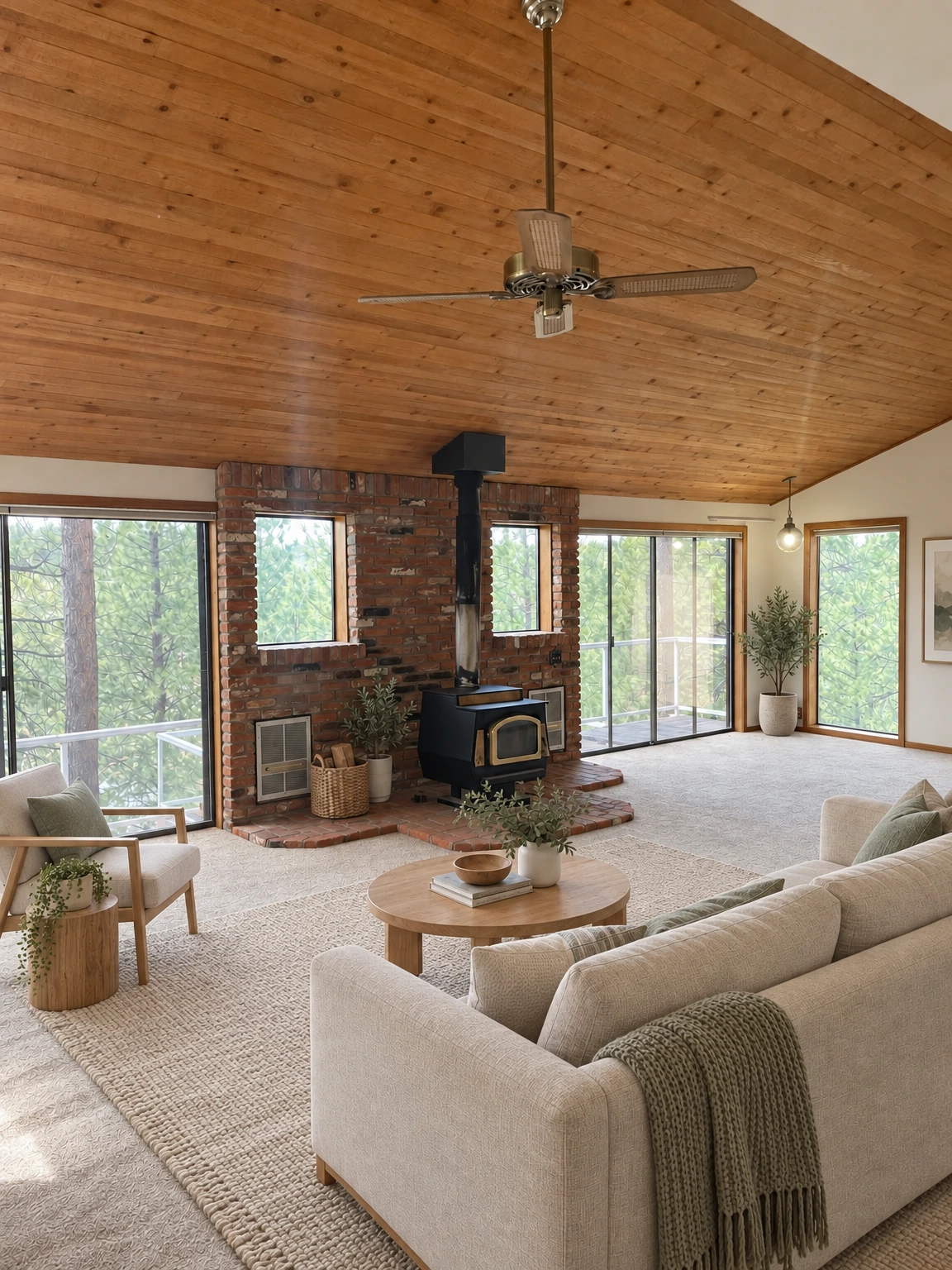 A carpeted room has a wood-plank ceiling, ceiling fan, brick fireplace with a stove, and large windows. (virtually staged)