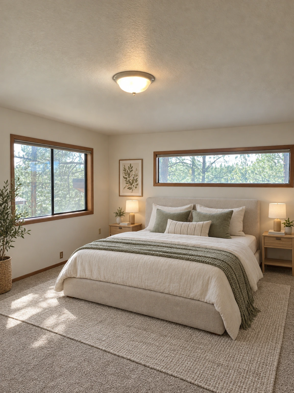 An empty carpeted room has two wood-trimmed windows, a ceiling light, and a wall heater. (virtually staged)