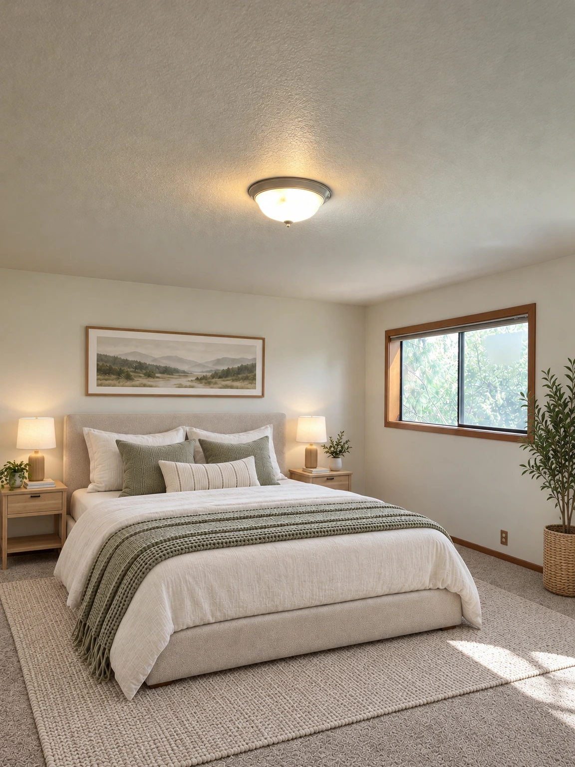 An empty room with gray carpet, light walls, a lit ceiling fixture, and a wood-trimmed window. (virtually staged)