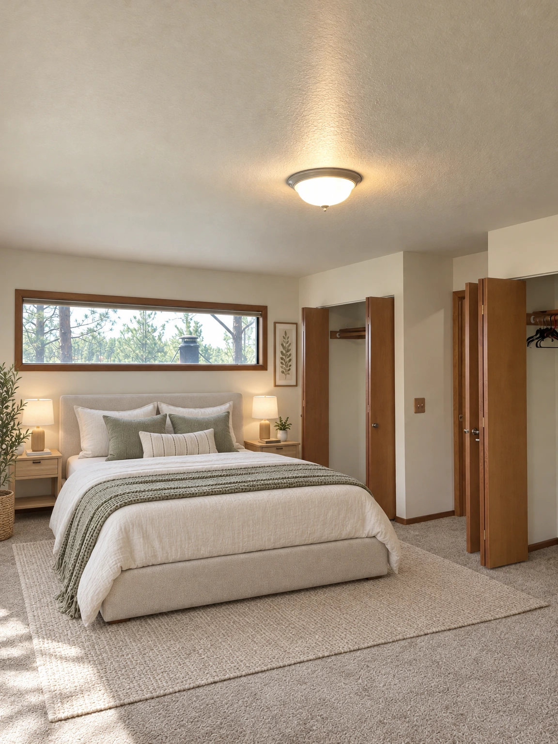 An empty carpeted room with a long window, a lit ceiling fixture, and several open wooden doors. (virtually staged)