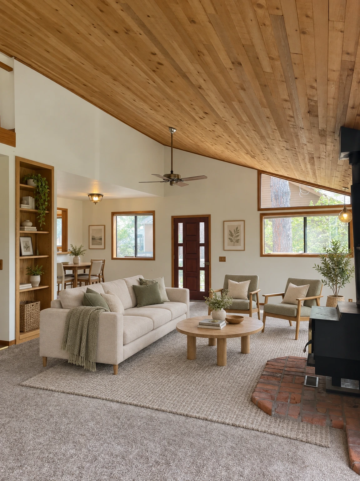 A carpeted room has a sloped wood-plank ceiling, a ceiling fan, built-in shelves, several windows, and a brick fireplace. (virtually staged)