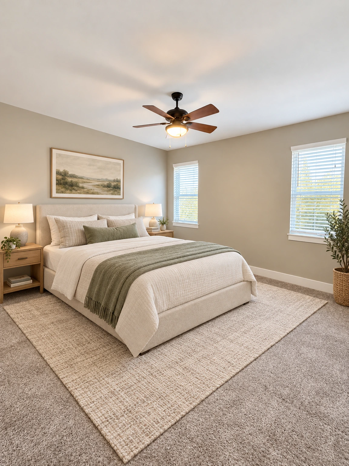 An empty room with beige walls, gray carpet, two windows with white blinds, and a ceiling fan with a light. (virtually staged)