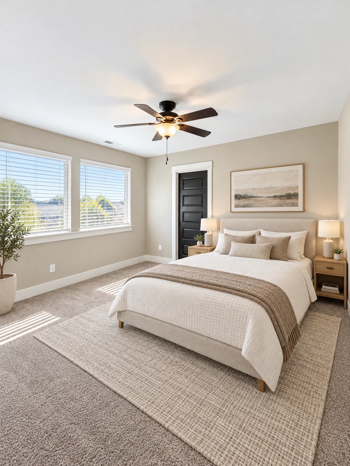 An empty carpeted room has two windows with blinds, a black paneled door, and a ceiling fan with a light. (virtually staged)