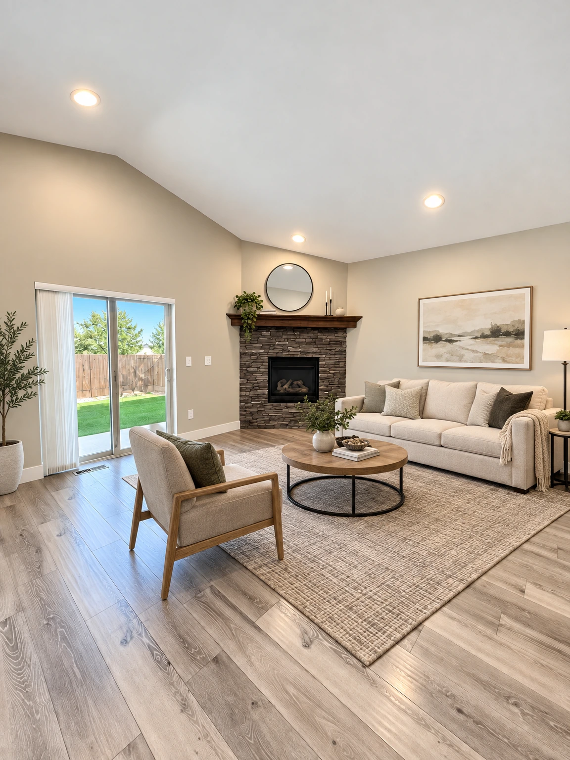 An empty room with wood-look plank flooring, a stone fireplace, recessed ceiling lights, and a sliding glass door. (virtually staged)