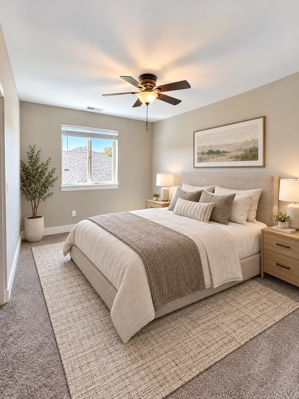 An empty room with patterned gray carpet, beige walls, a window with blinds, and a lit ceiling fan. (virtually staged)
