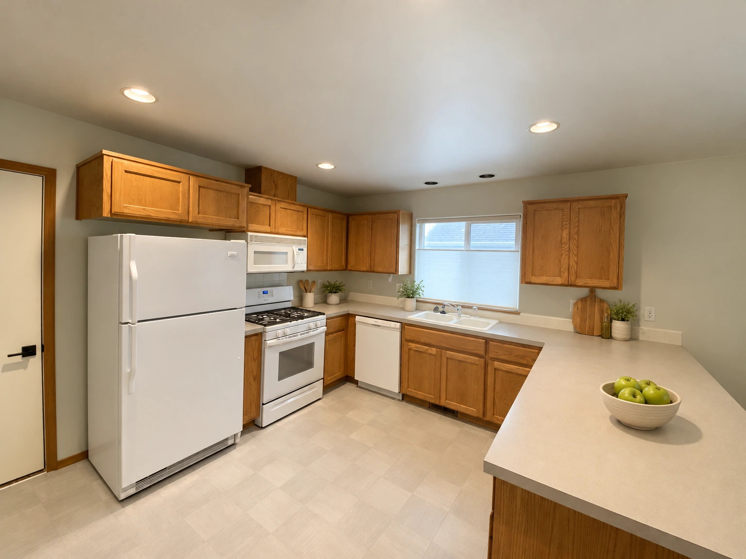 A kitchen with wooden cabinets, white appliances, a double sink beneath a window, and a large foreground counter. (virtually staged)