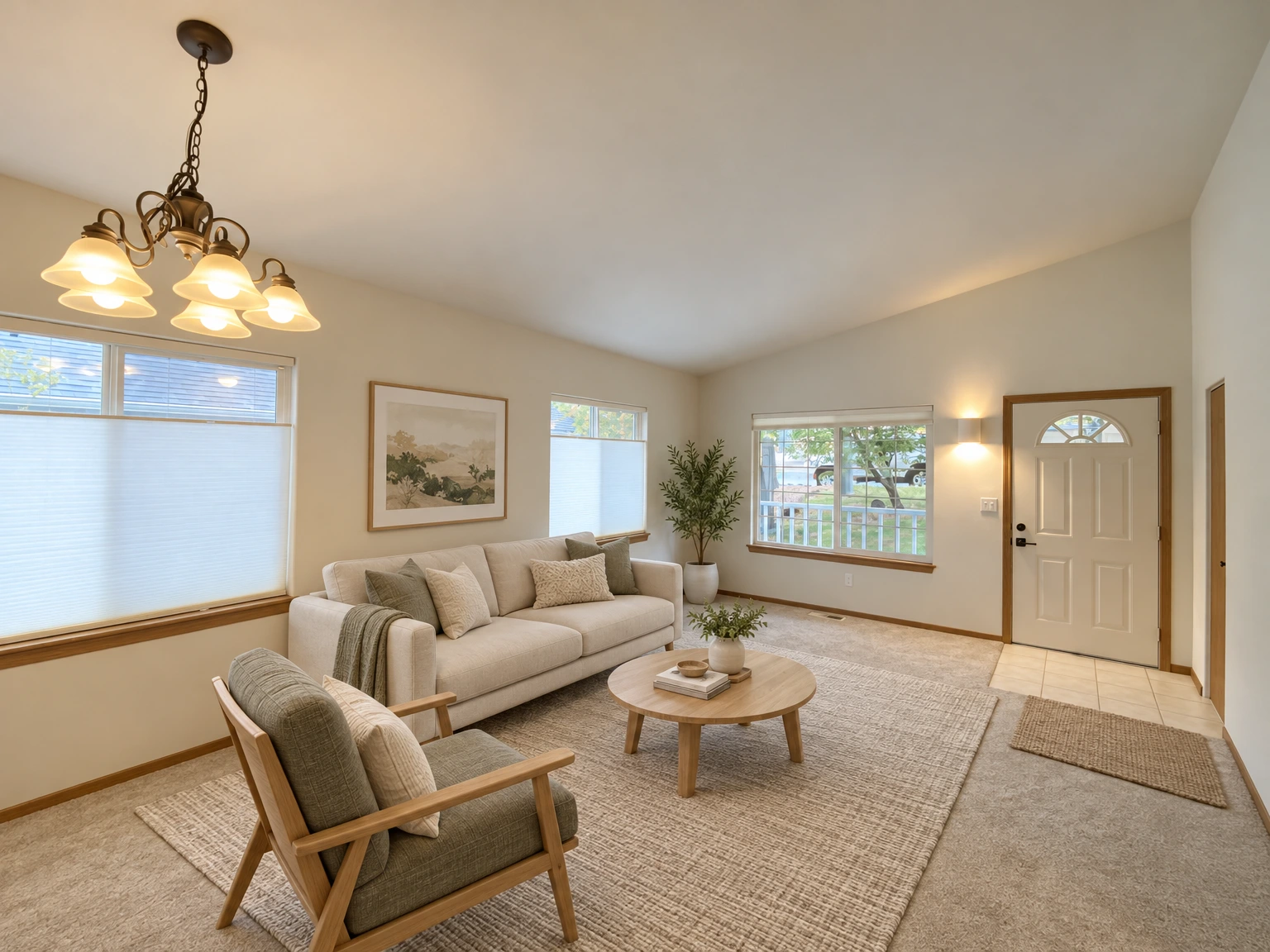 An empty carpeted room has three windows with blinds, a lit hanging chandelier, and a paneled front door. (virtually staged)