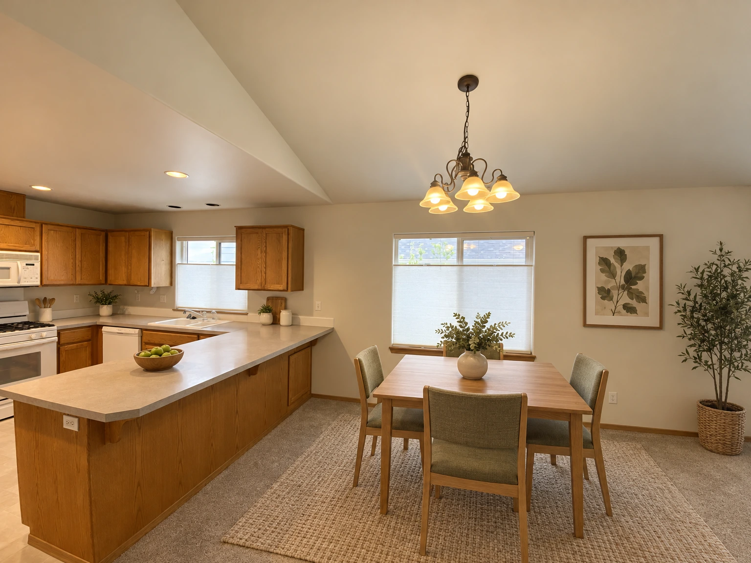 A kitchen with wooden cabinets, a long peninsula counter, a sink, appliances, two shaded windows, and a hanging chandelier. (virtually staged)