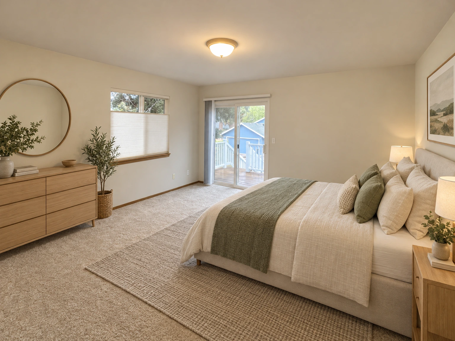 An empty carpeted room has beige walls, a ceiling light, a window with a shade, and a sliding glass door opening to a deck. (virtually staged)