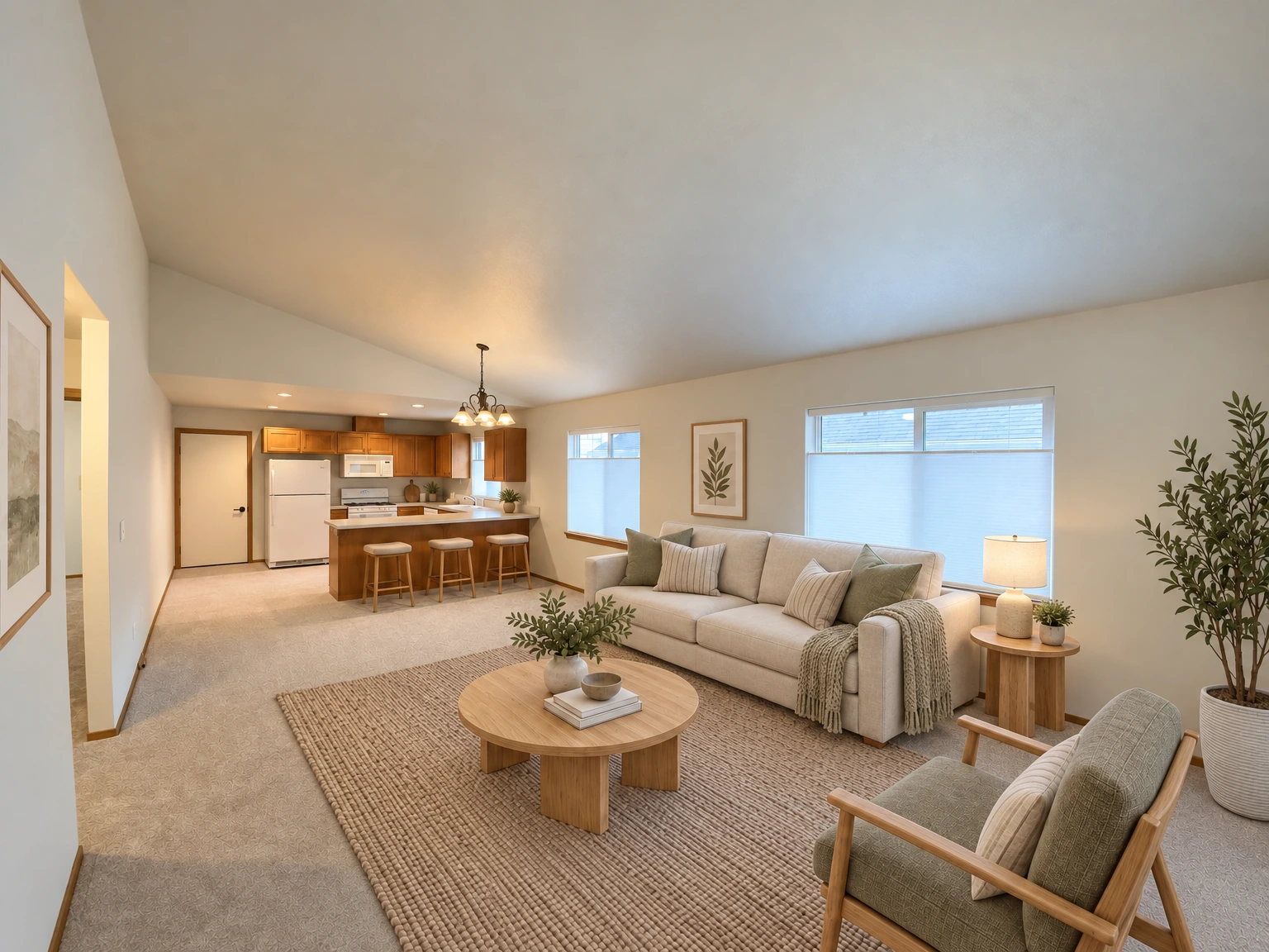 An empty carpeted room opens onto a kitchen with wood cabinets, white appliances, and a counter; two windows have closed blinds. (virtually staged)