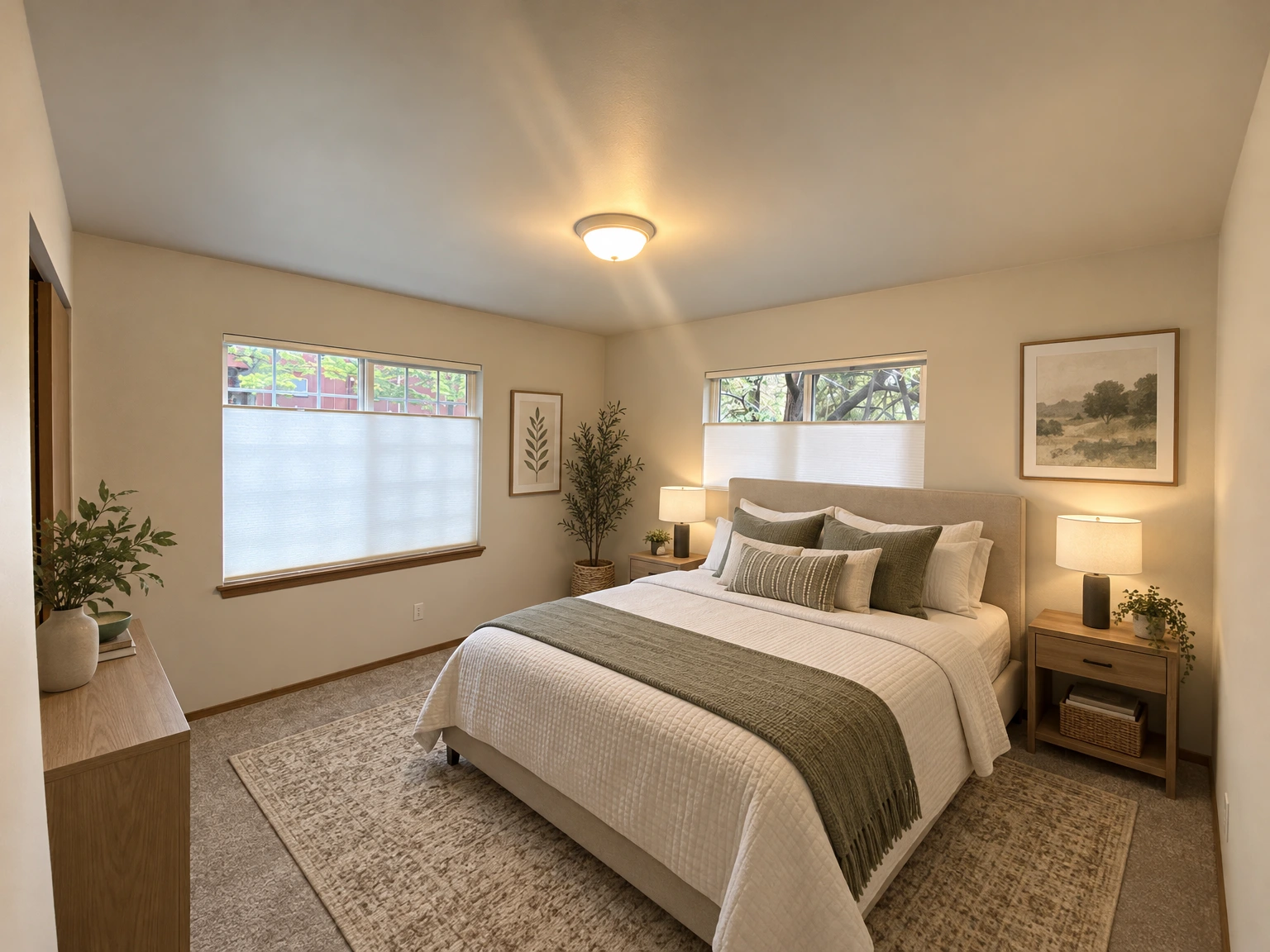 An empty carpeted room has two windows with lowered blinds, beige walls, wood trim, and a lit ceiling fixture. (virtually staged)