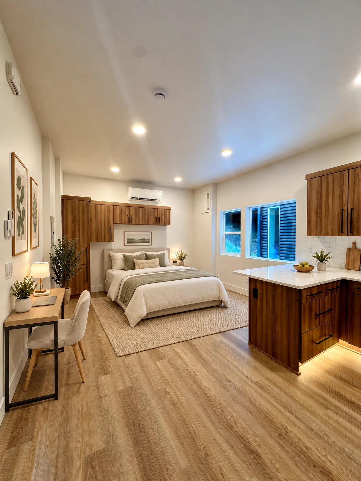 Kitchen with wood cabinets, white countertops, windows, recessed ceiling lights, and wood-patterned flooring. (virtually staged)