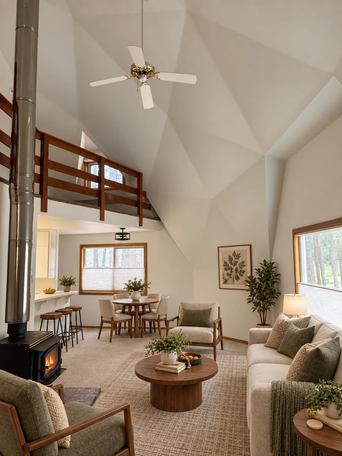 A carpeted room has a high angled ceiling, ceiling fan, wooden loft railing, black stove, and two windows. (virtually staged)