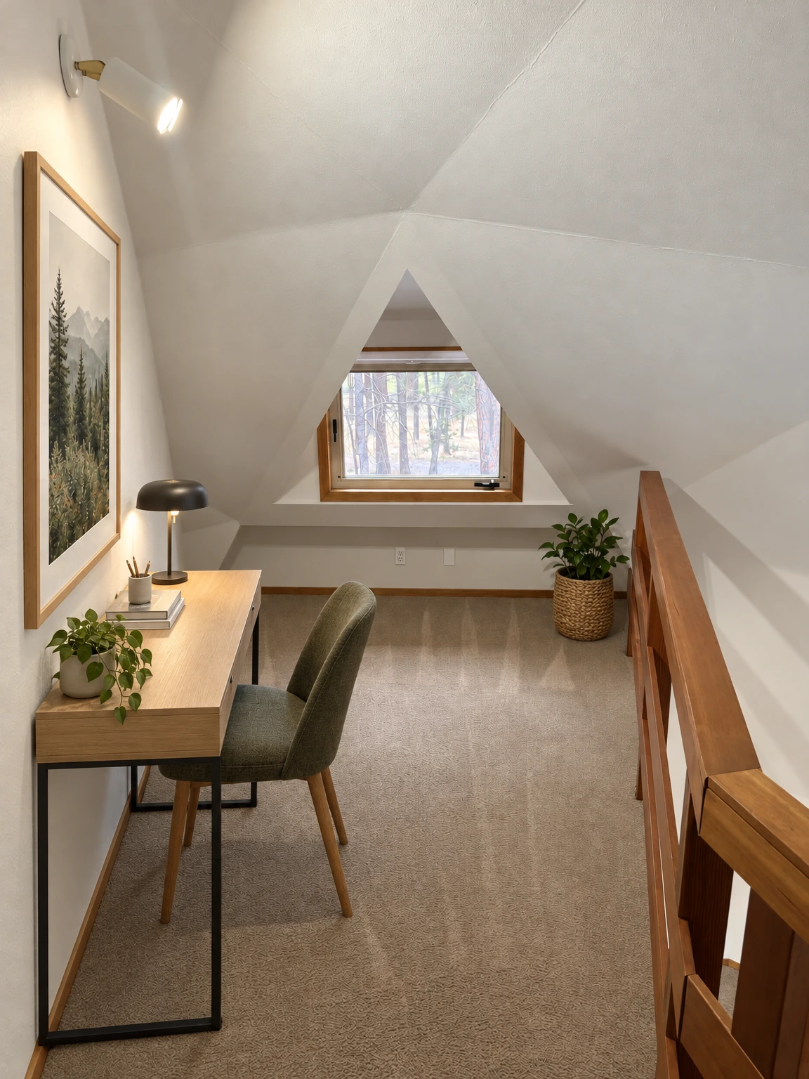 A carpeted upper-level landing has a sloped white ceiling, a wood-railed stair opening, and a triangular window with trees visible outside. (virtually staged)