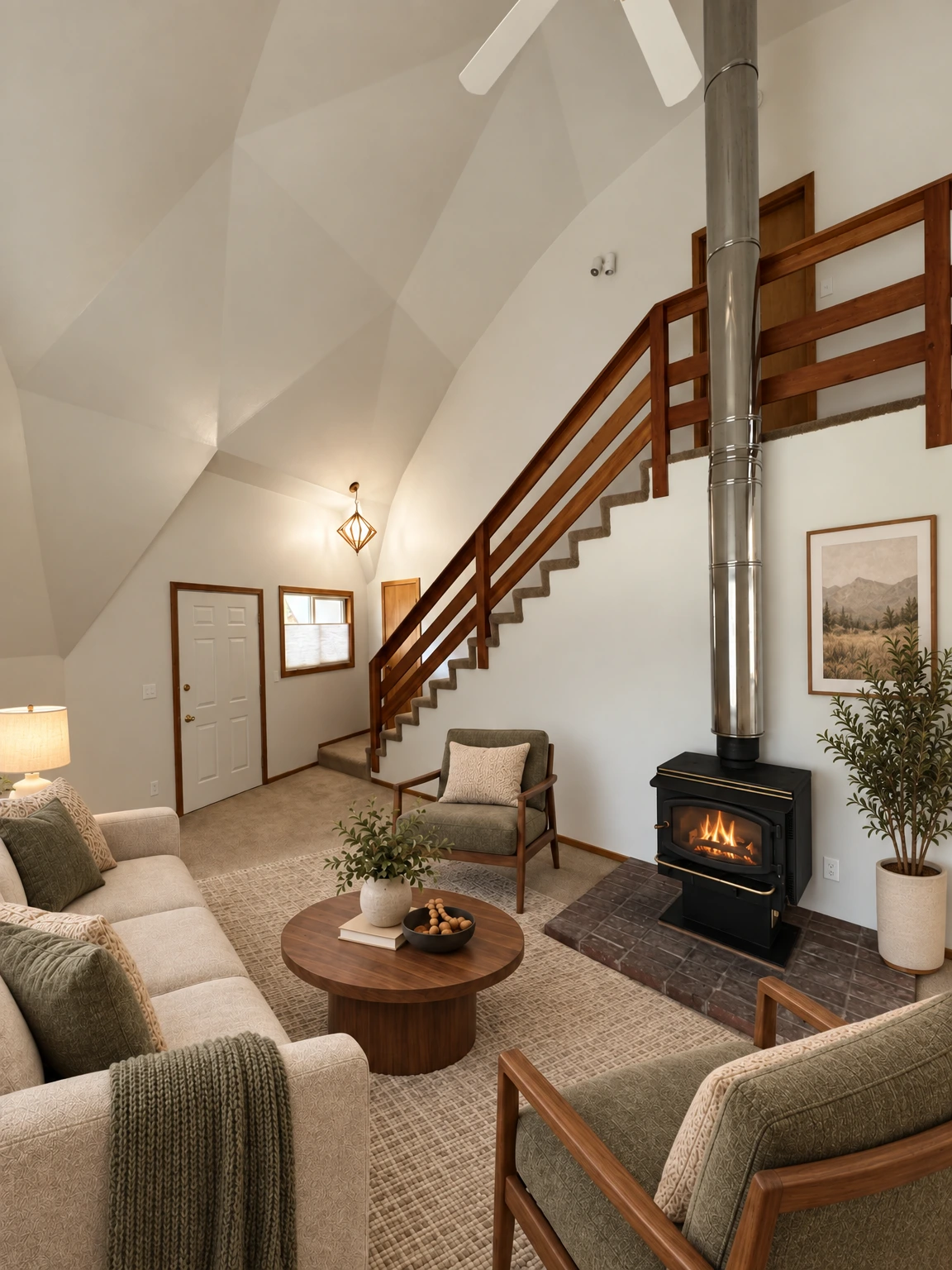 A carpeted room has a wooden staircase, a black stove with a metal flue, and a high sloped ceiling. (virtually staged)
