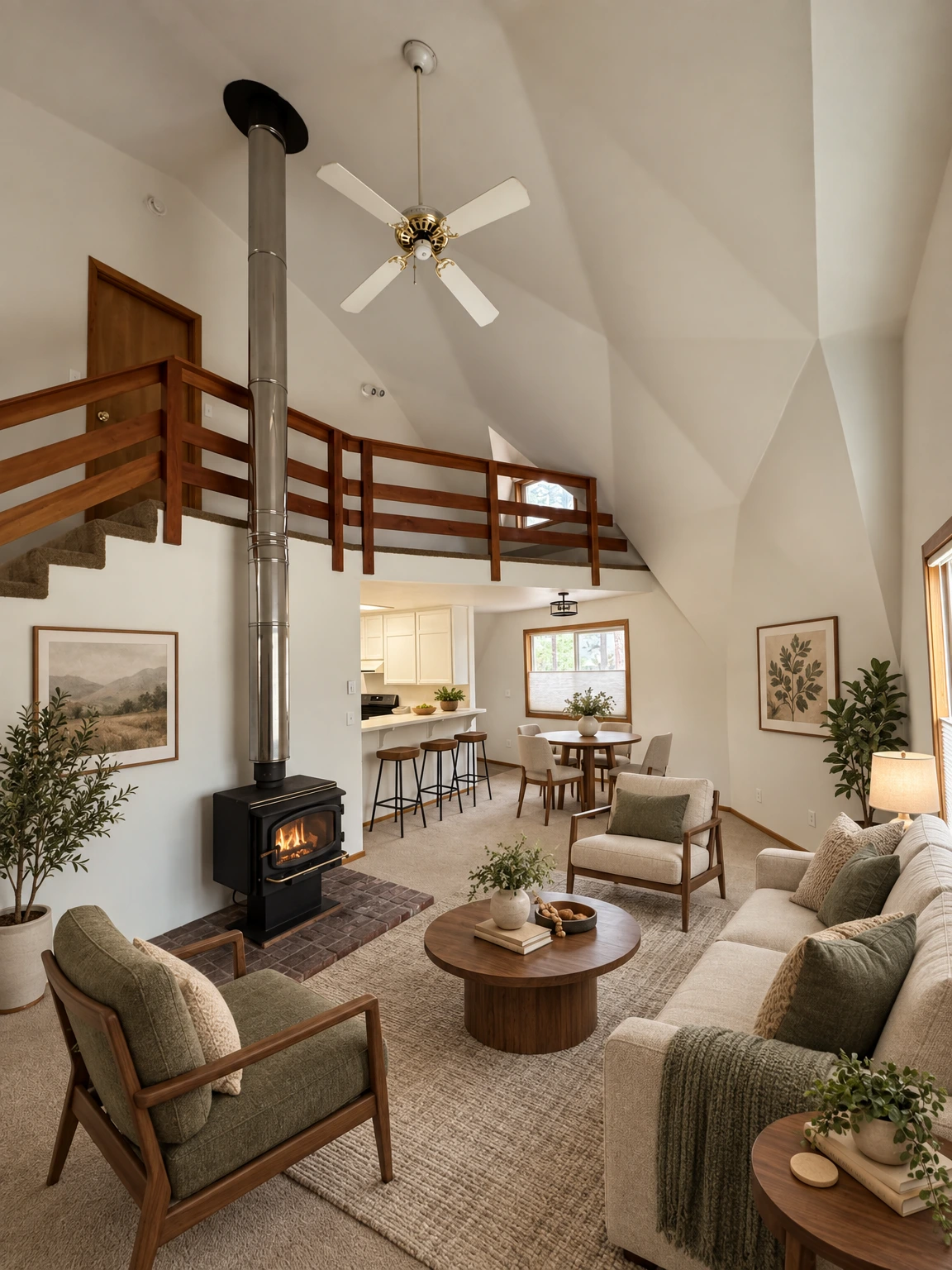 Carpeted room with a vaulted ceiling, ceiling fan, wood stove and chimney pipe, and a wooden loft railing above a staircase. (virtually staged)